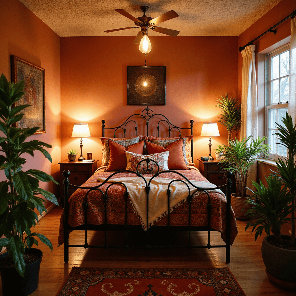 Basement Bedroom Ideas: Transform Your Underground Space into a Cozy Retreat A cozy bohemian basement retreat featuring a wrought iron bed adorned with layered textiles, surrounded by potted plants in warm golden hour lighting, highlighting rich terra cotta and amber tones, textured ceiling, and a mix of velvet and woven materials.