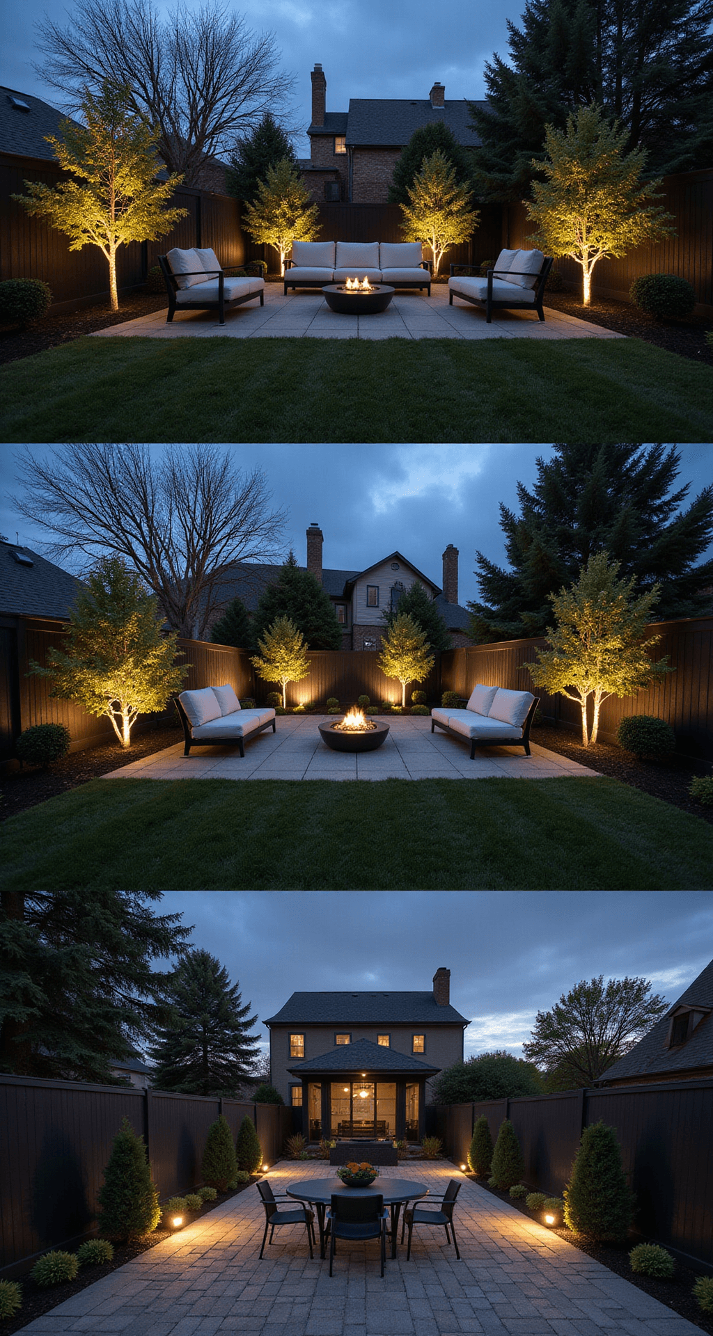 Black Garden Fences: Transforming Outdoor Spaces with Dramatic Style Contemporary suburban backyard featuring 8-foot black resin fence panels with integrated LED lighting, charcoal and cream outdoor furniture, and uplighting on specimen trees, captured in a wide-angle shot during twilight.