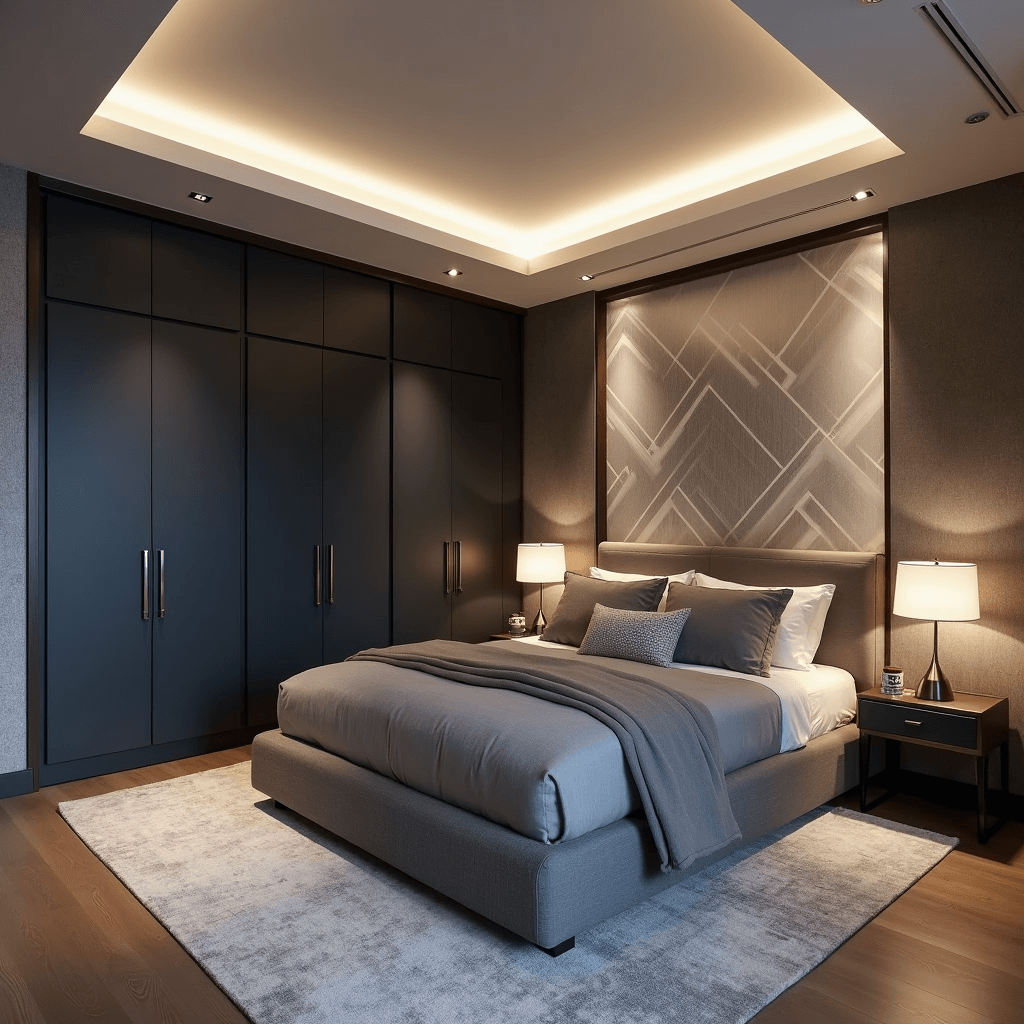 Basement Bedroom Ideas: Transform Your Underground Space into a Cozy Retreat Contemporary basement suite interior featuring a dropped ceiling, dusk lighting, and sophisticated smart lighting system; includes a floor-to-ceiling matte navy wardrobe, a floating king bed in grey upholstery, and geometric silver and white wallpaper; showcased from an elevated corner angle to highlight spatial flow and multiple lighting zones.