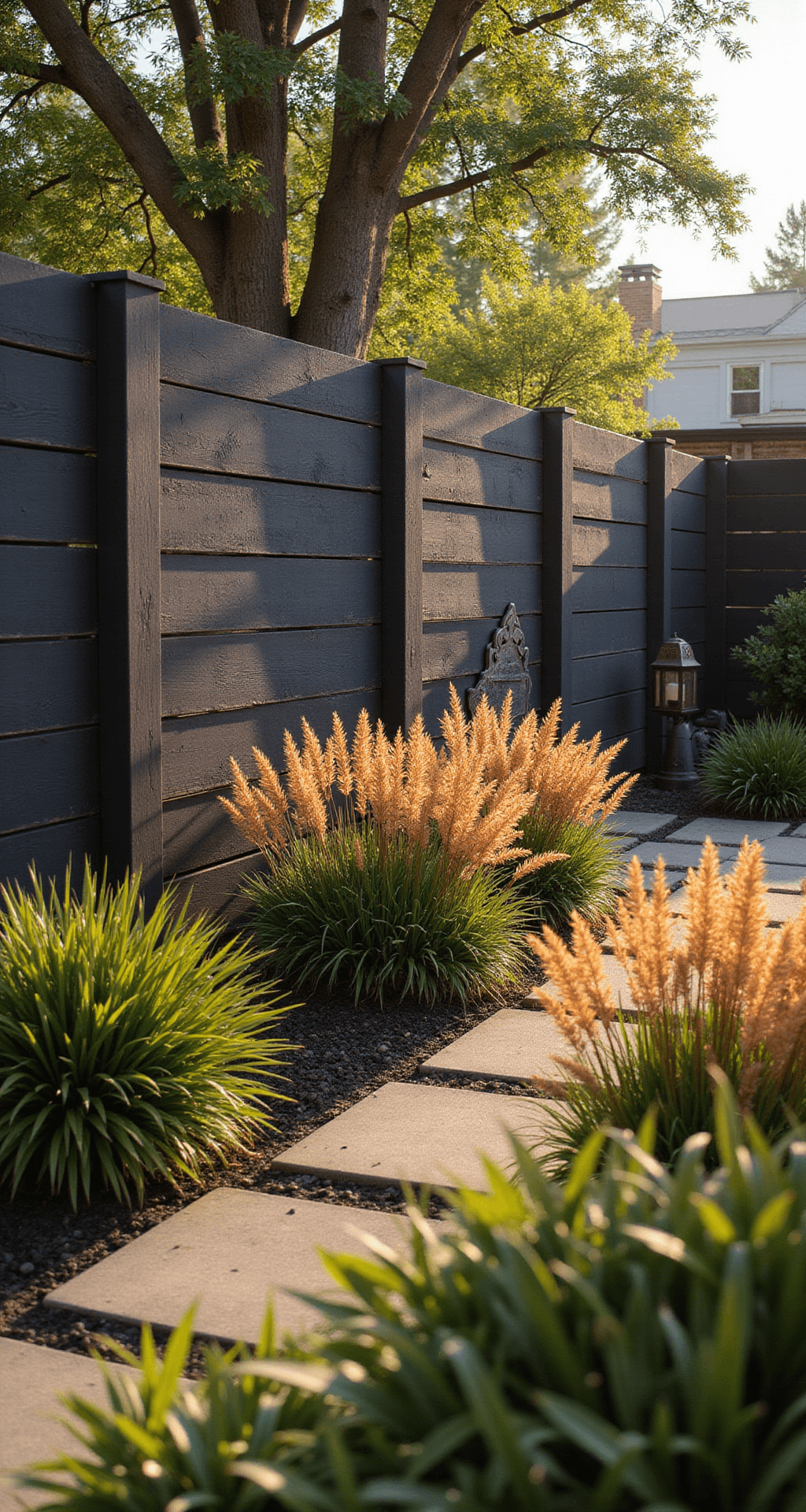 Black Garden Fences: Transforming Outdoor Spaces with Dramatic Style Rustic-modern garden boundary with a distressed black wooden fence displaying mixed horizontal and vertical planking, native grasses in copper and gold tones in the foreground, and vintage metal garden elements, captured during golden hour from a slight elevation with warm, natural lighting.
