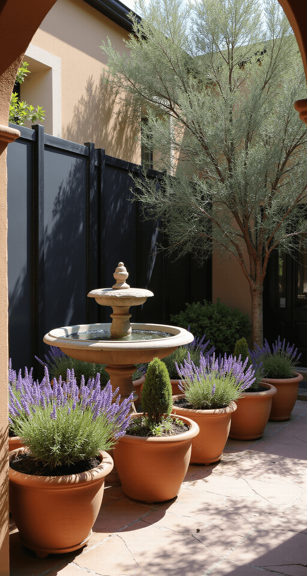 Black Garden Fences: Transforming Outdoor Spaces with Dramatic Style A Mediterranean courtyard featuring matte black steel fence panels, terra cotta pots with lavender and olive trees, and an antique stone fountain, all bathed in warm afternoon light with long shadows enhancing the rich colors.