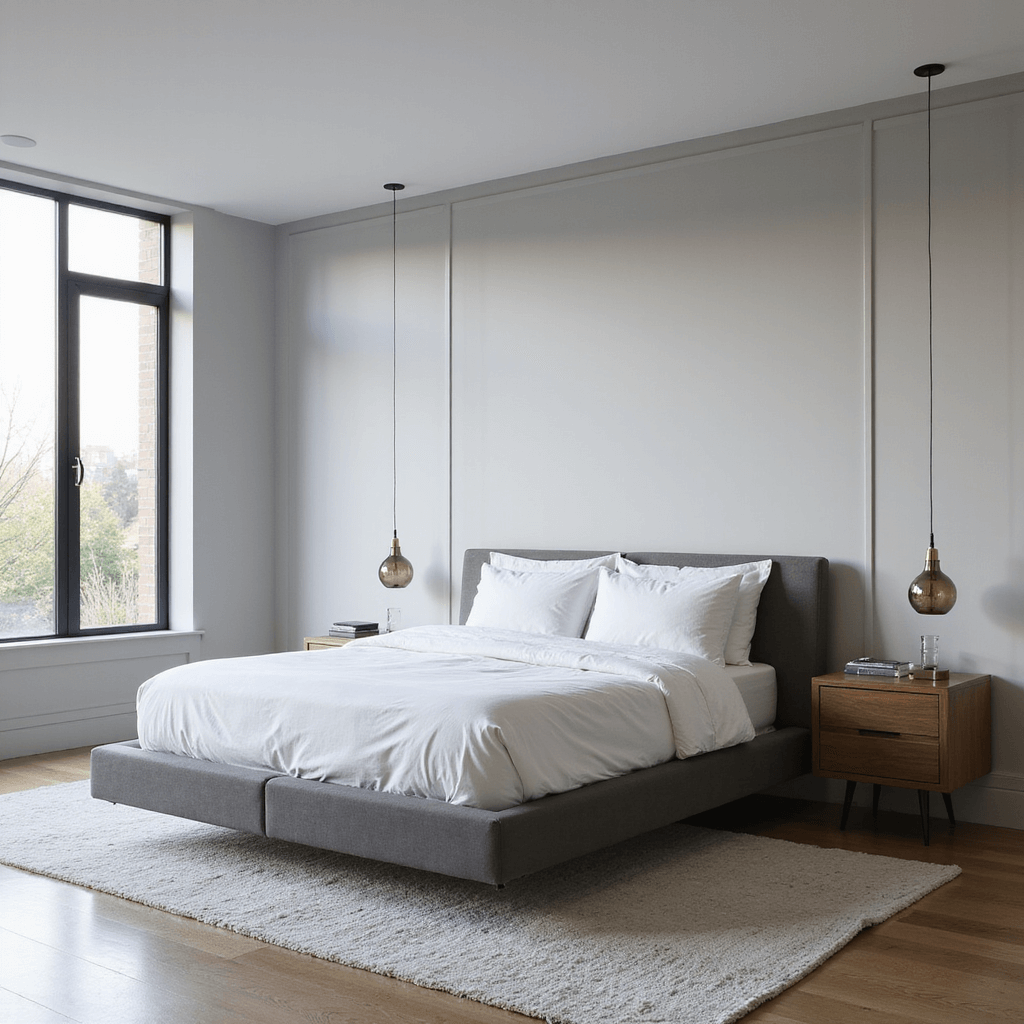 Gray Bedroom Ideas: Transform Your Space into a Stylish Sanctuary A modern minimalist bedroom featuring dove gray walls, a platform bed with white linens, walnut nightstands, and smoky glass lamps, illuminated by natural light from floor-to-ceiling windows.