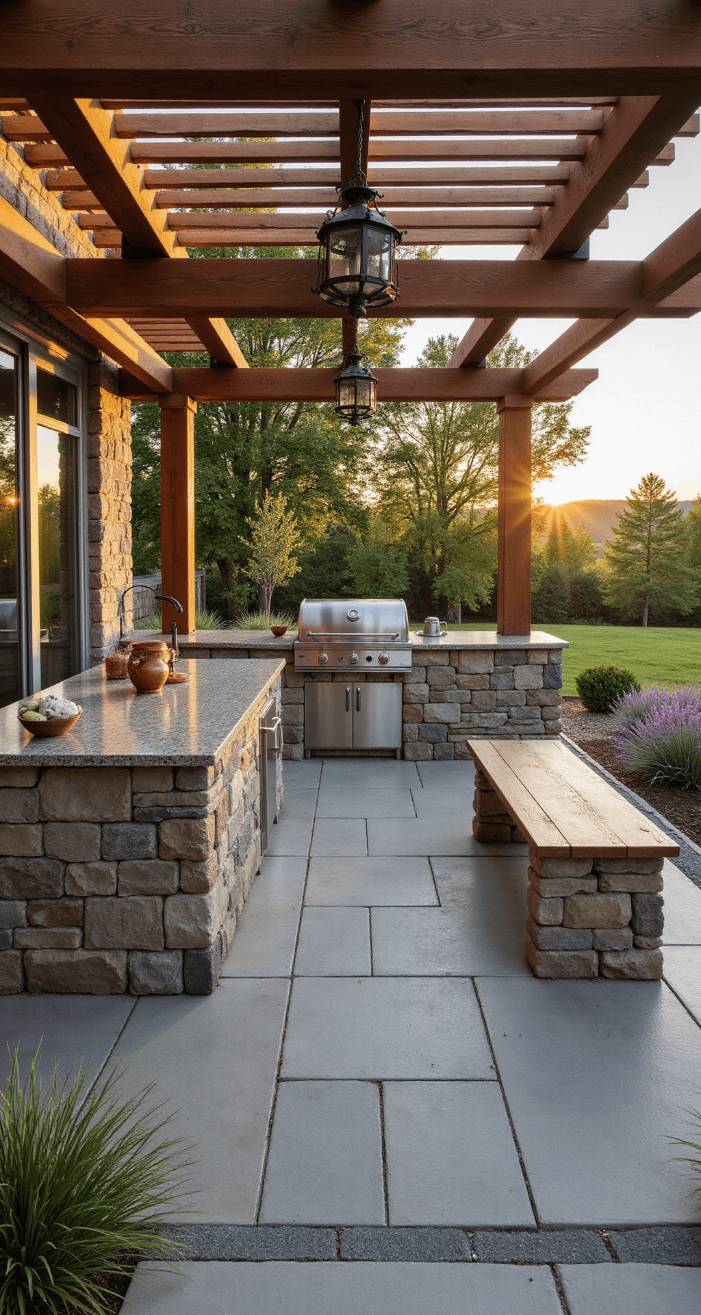 Transform Your Backyard: Ultimate Garden BBQ Area Design Guide A rustic outdoor BBQ area with a stone-paved patio, featuring a granite countertop island with a stainless steel grill, reclaimed wooden bench seating under a cedar pergola, and surrounding native grasses and lavender, all illuminated by warm golden hour sunlight.