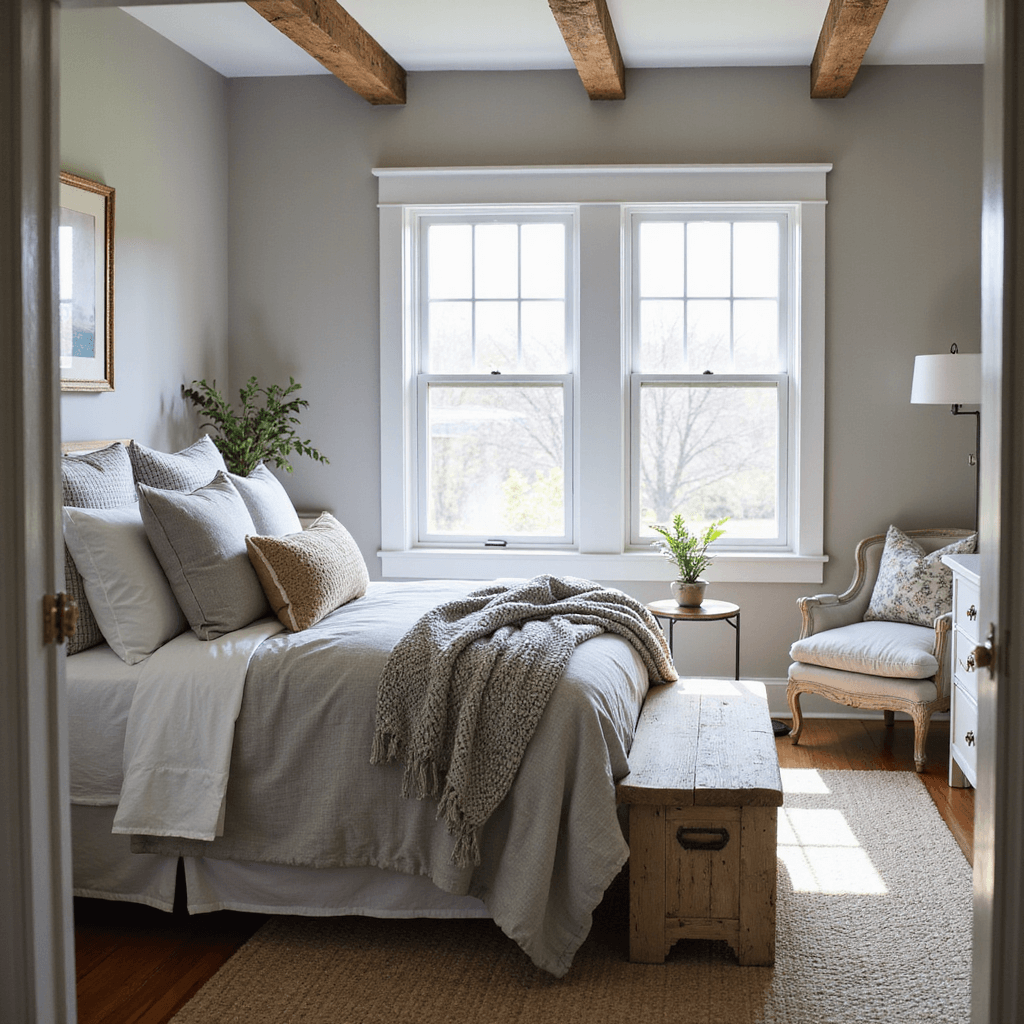 Gray Bedroom Ideas: Transform Your Space into a Stylish Sanctuary A cozy 15x15ft bedroom with warm greige walls, weathered wood beams, and vintage white furniture, showcasing layered bedding with a chunky knit throw and soft gray linen duvet. Sunlight streams through white-trimmed windows, casting gentle shadows across a distressed wooden bench and woven area rug.