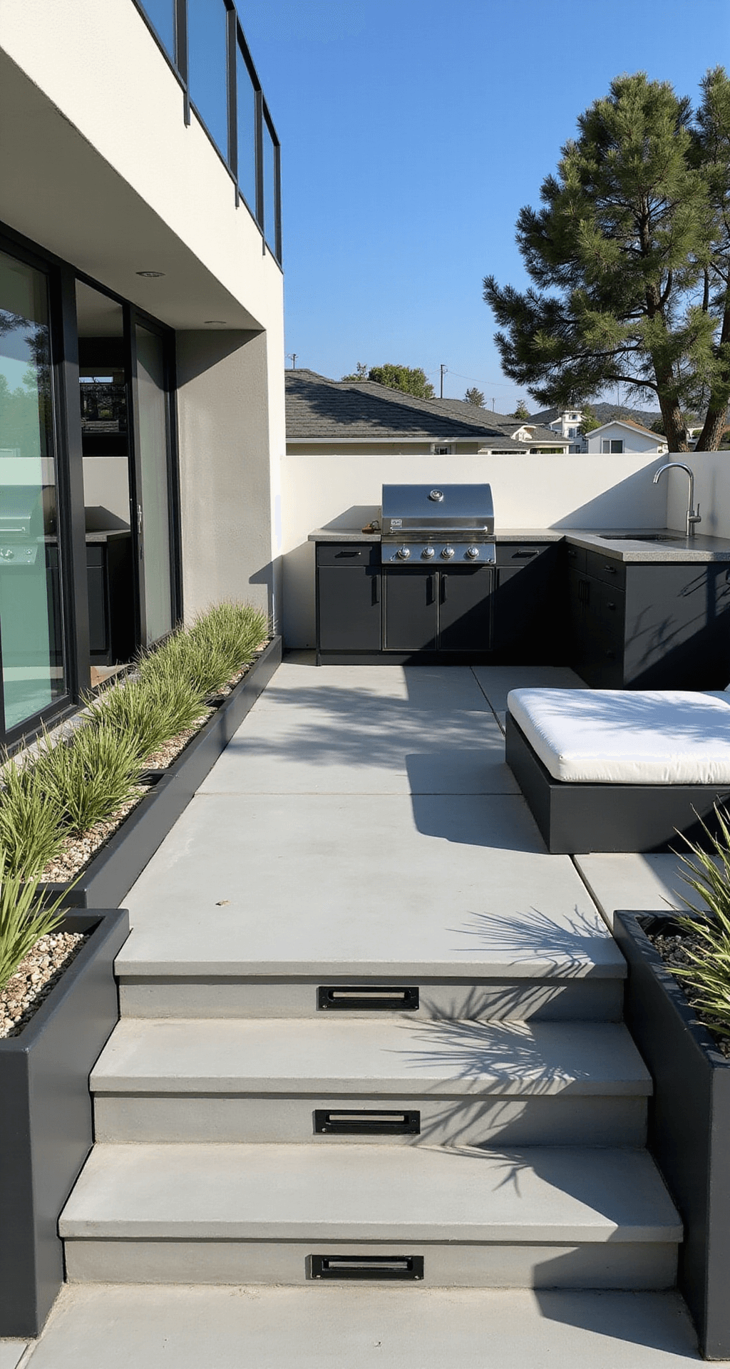 Transform Your Backyard: Ultimate Garden BBQ Area Design Guide A modern minimalist BBQ zone featuring a sleek concrete platform with a matte black grill station, floating prep surfaces, charcoal grey sectional seating, geometric planters, recessed LED lighting, glass windbreaks, and chrome hardware, all under bright midday light.