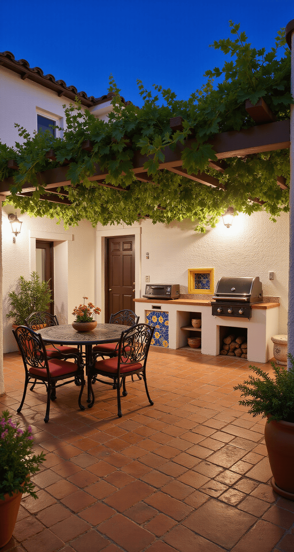 Transform Your Backyard: Ultimate Garden BBQ Area Design Guide A picturesque Mediterranean courtyard at dusk featuring terracotta tiles, whitewashed stucco walls, a wood-fired pizza oven, and a gas grill station. The area is adorned with blue and yellow hand-painted tiles and a wrought iron dining set beneath a grape vine-covered pergola. Warm uplighting highlights the textured walls, with vibrant terracotta pots overflowing with herbs and bougainvillea, creating a warm and inviting ambiance.