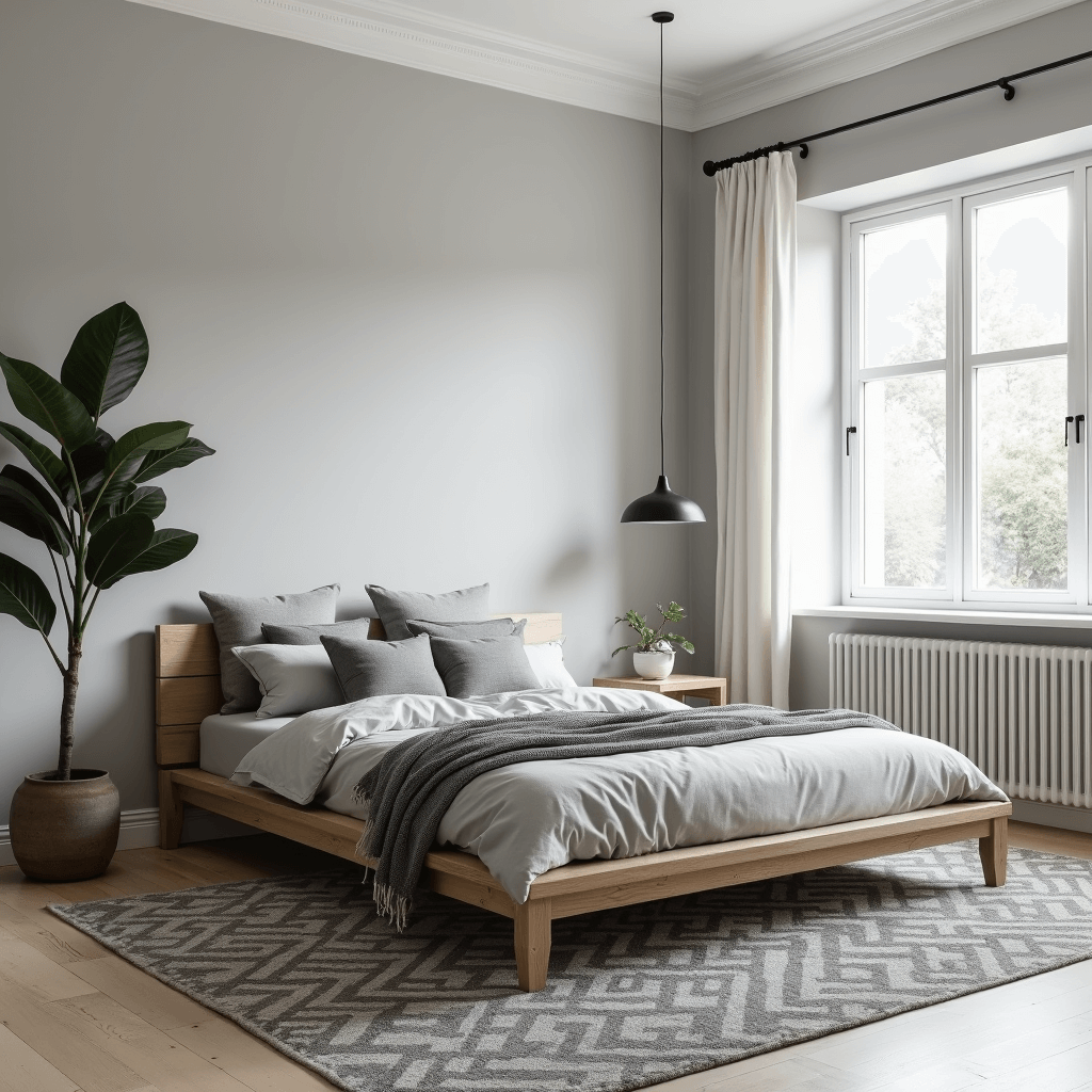 Gray Bedroom Ideas: Transform Your Space into a Stylish Sanctuary Bright corner bedroom with pale gray walls and white trim, featuring a light oak platform bed with gray bedding, a minimalist matte black pendant light, a fiddle leaf fig plant, and a gray and white geometric wool rug, captured from an elevated angle.