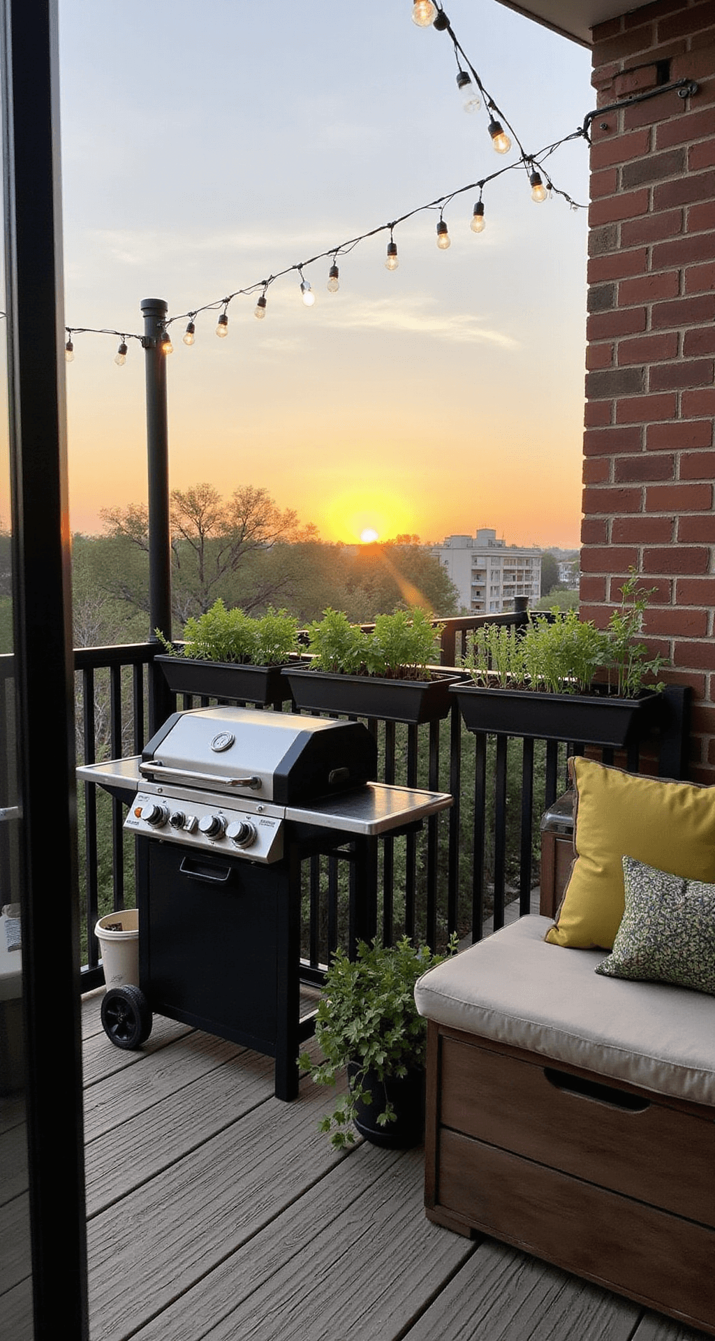 Transform Your Backyard: Ultimate Garden BBQ Area Design Guide A compact urban balcony at sunset featuring a fold-down teak wall-mounted table, a portable gas grill, and a multi-functional storage bench with cushions, surrounded by a vertical herb garden on rail planters. String lights enhance the ambiance, with a color palette of teak brown, charcoal, and green, showcasing modern outdoor fabrics and a harmonious blend of metal and wood textures.