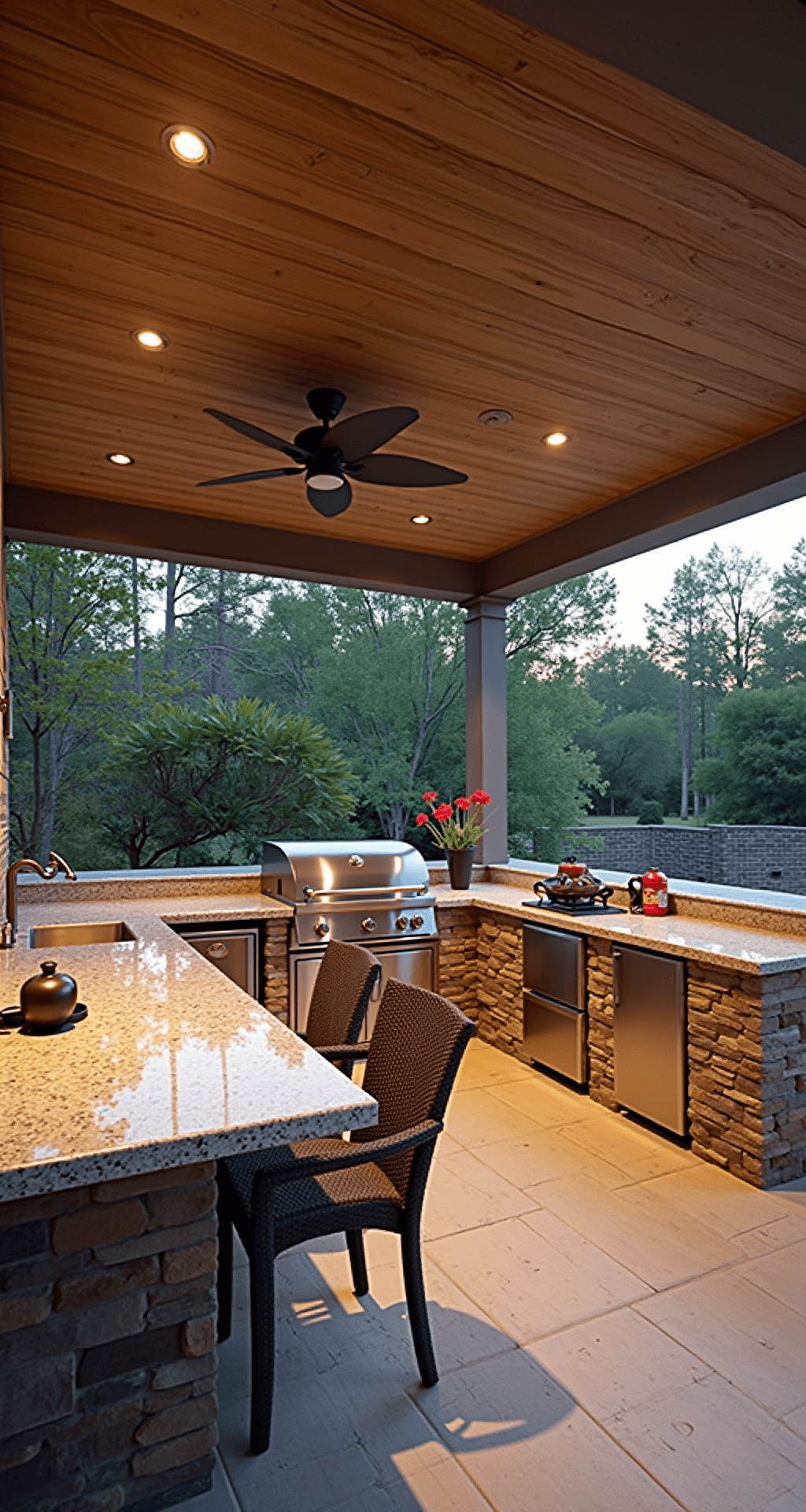 Transform Your Backyard: Ultimate Garden BBQ Area Design Guide A spacious backyard outdoor kitchen featuring an L-shaped layout with granite counters, a pizza oven, smoker, and gas grill, set within a covered pavilion with a cedar ceiling. The area includes a conversation space with all-weather wicker furniture, captured from an elevated angle during late afternoon, showcasing natural light and ambient LED lighting in earth tones with dark bronze fixtures.