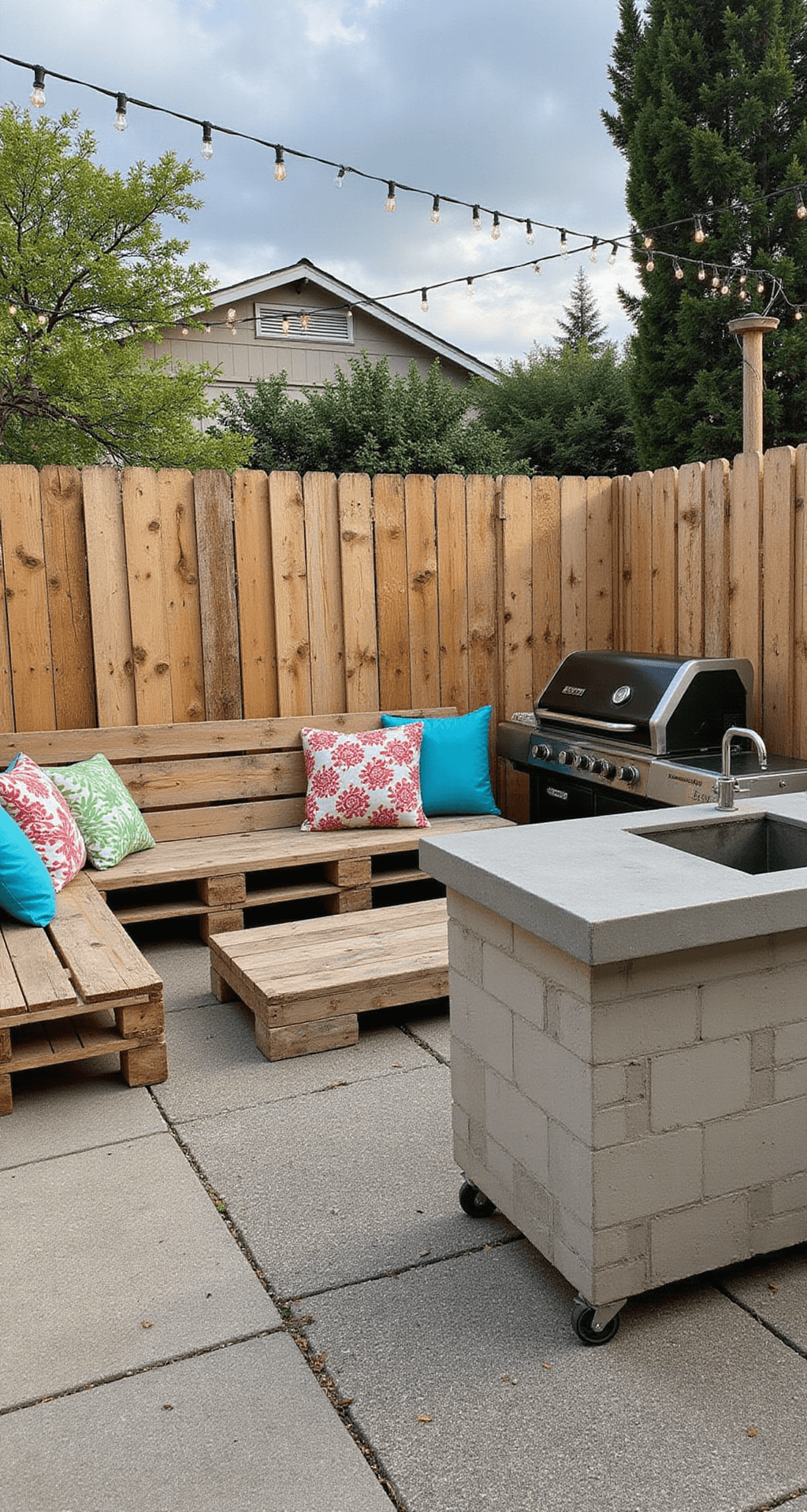 Transform Your Backyard: Ultimate Garden BBQ Area Design Guide A transformed 15x20ft patio featuring repurposed pallet furniture with colorful cushions, a mobile grill station, and a DIY concrete counter on a cinder block base, all illuminated by string lights in bright natural lighting, showcasing handcrafted details and weathered wood tones with bright fabric and galvanized metal accents.