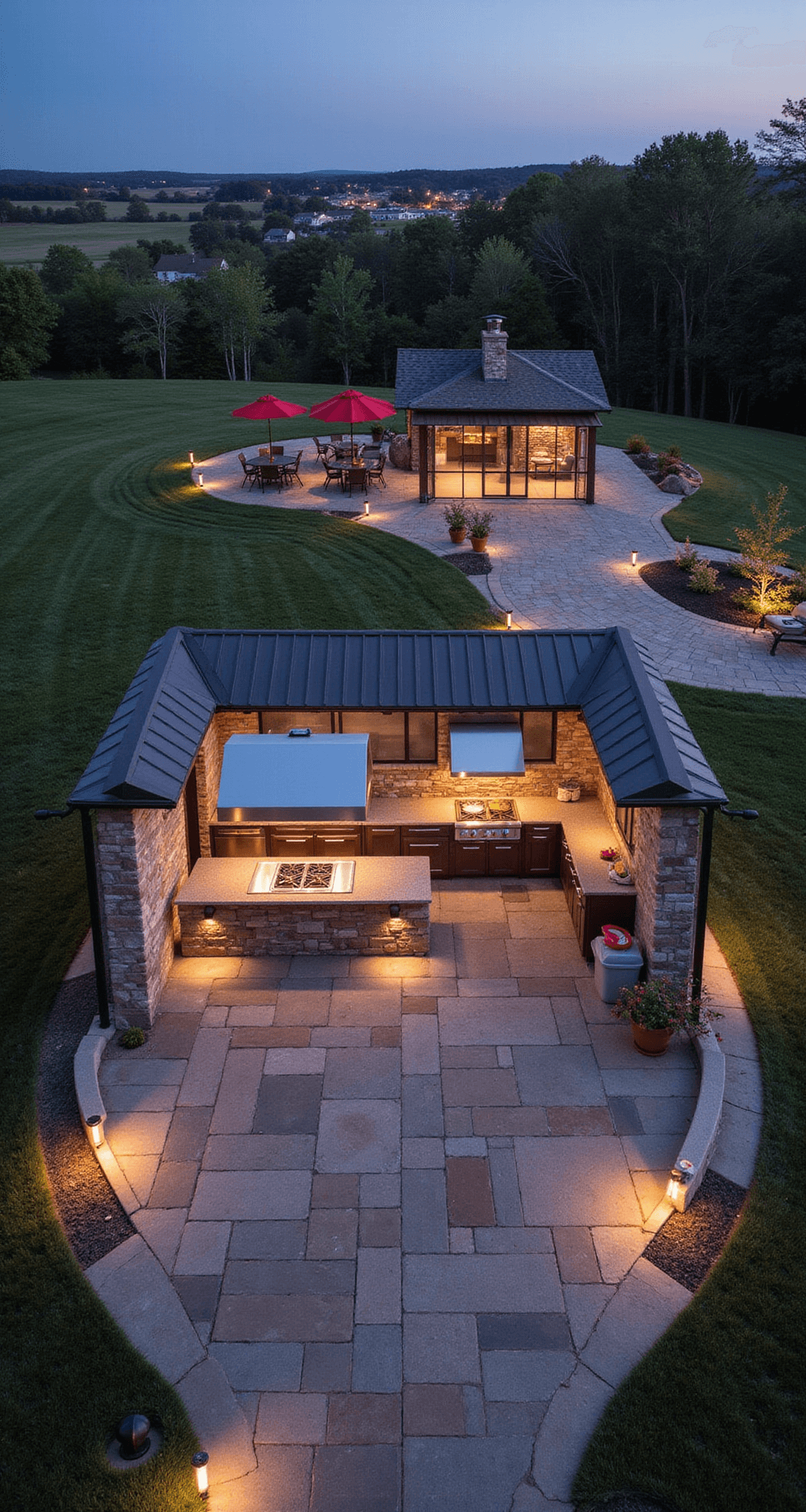 Transform Your Backyard: Ultimate Garden BBQ Area Design Guide An aerial view of a safety-first entertainment zone featuring a 30x20ft cooking area with stone pavers and built-in lighting, highlighting defined cooking and dining zones. The scene includes a commercial-grade ventilation hood over the grill station, wide non-slip pathways, emergency lighting, and clearly marked exits. Ambient and task lighting enhances the professional stainless steel finishes accented with red and reflective elements, illustrating effective traffic flow.
