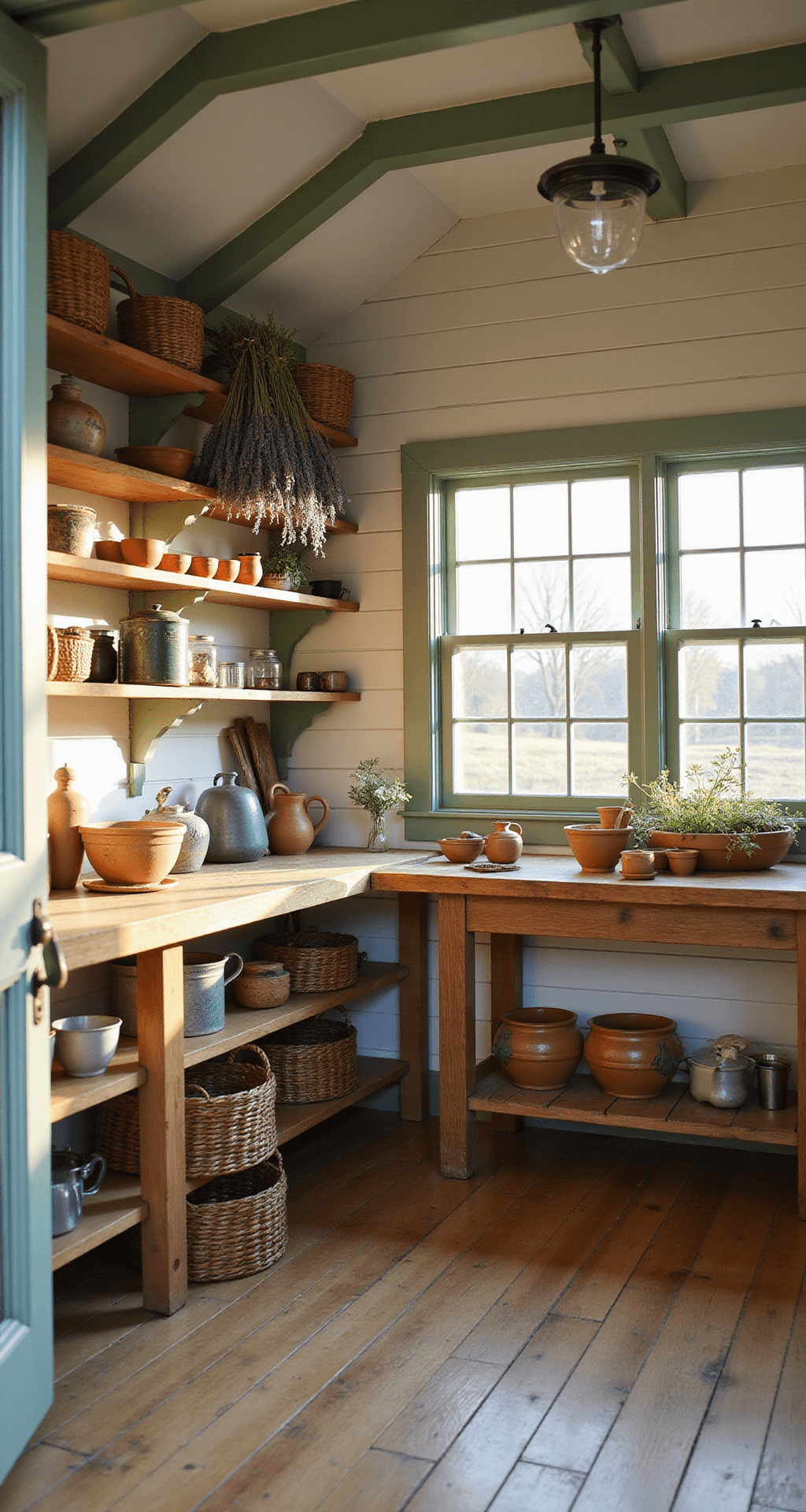 Cottage Garden Sheds: Your Ultimate Backyard Sanctuary Guide Interior of a cozy Classic English Cottage garden shed at golden hour, showcasing whitewashed shiplap walls, a vintage weathered oak potting bench with terra cotta pots, open shelving with woven baskets, and dried lavender hanging from beams, all illuminated by warm sunlight through mullioned windows and Dutch doors.