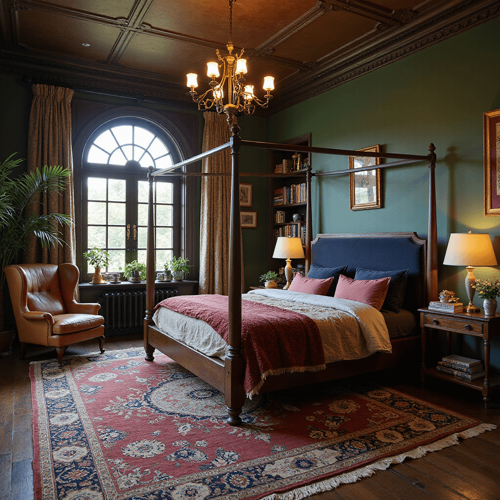 Big Bedroom Ideas: Transform Your Spacious Sanctuary A bohemian-luxe bedroom with a dramatic four-poster bed, illuminated by late afternoon sun through arched windows, featuring a vintage Persian rug, a leather club chair in a reading nook, layered textiles in rich jewel tones, and a brass chandelier, all captured from an elevated perspective.