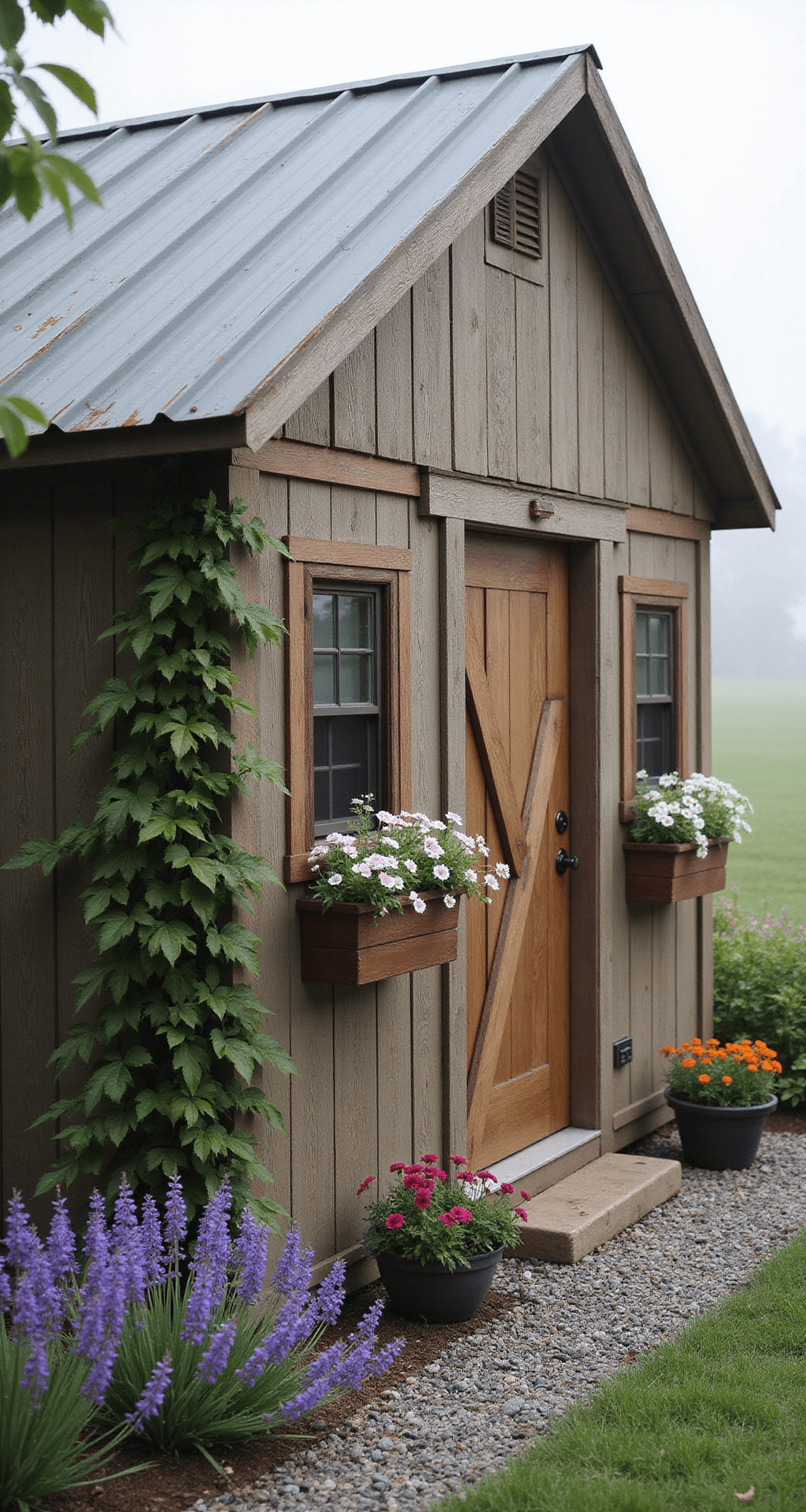 Cottage Garden Sheds: Your Ultimate Backyard Sanctuary Guide Rustic farmhouse shed with reclaimed barn wood siding and a metal roof, adorned with climbing roses and Boston ivy, surrounded by flower boxes overflowing with purple foxgloves and white cosmos, set in early morning mist with a lavender-lined gravel pathway leading to the door.