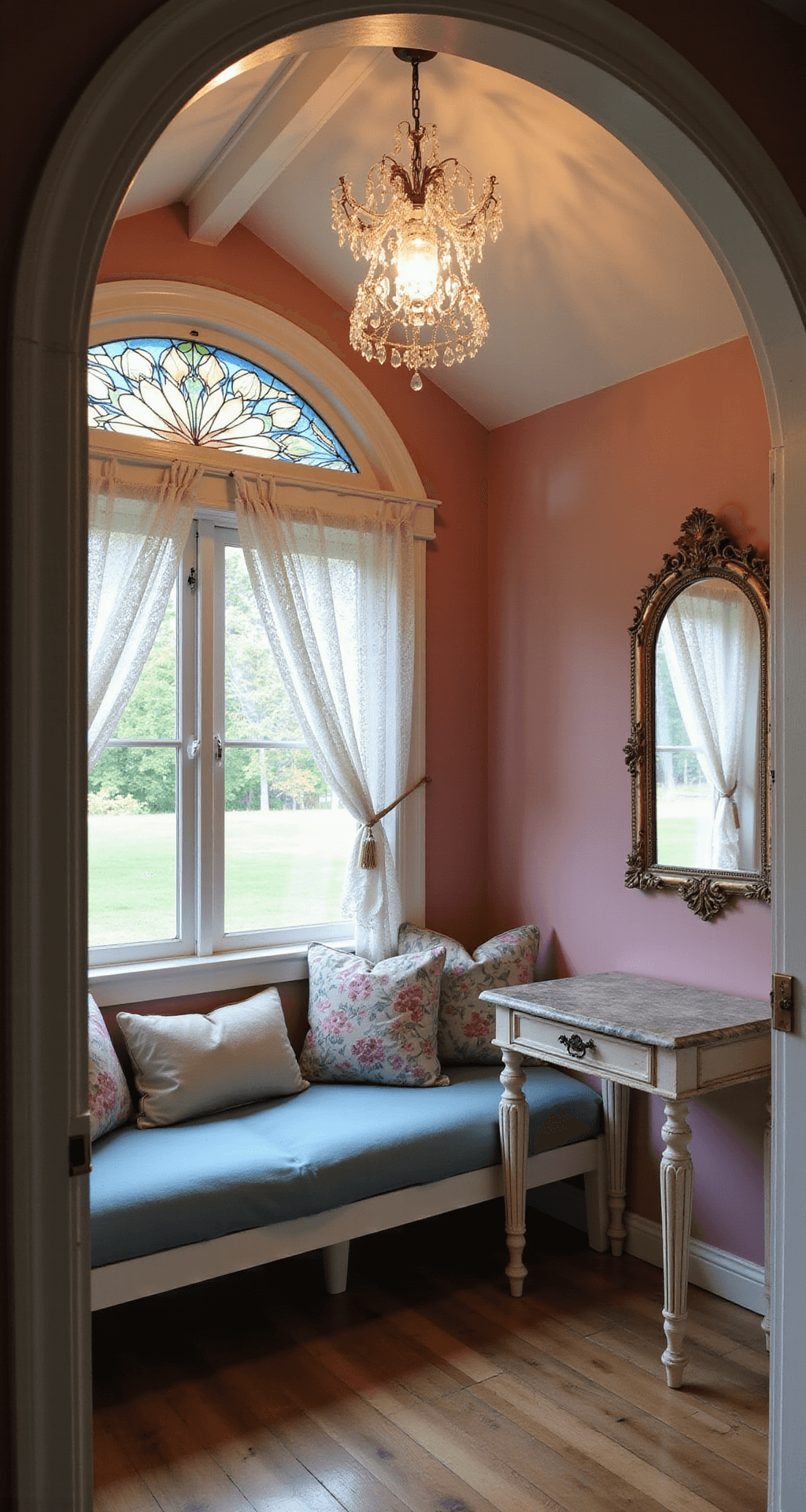 Cottage Garden Sheds: Your Ultimate Backyard Sanctuary Guide A whimsical shed interior features blush pink walls, an arched doorway with stained glass casting colorful patterns, a crystal chandelier, a built-in window seat adorned with dusty blue cushions and floral pillows, and fluttering lace curtains, all captured at dusk with mixed warm and cool lighting.