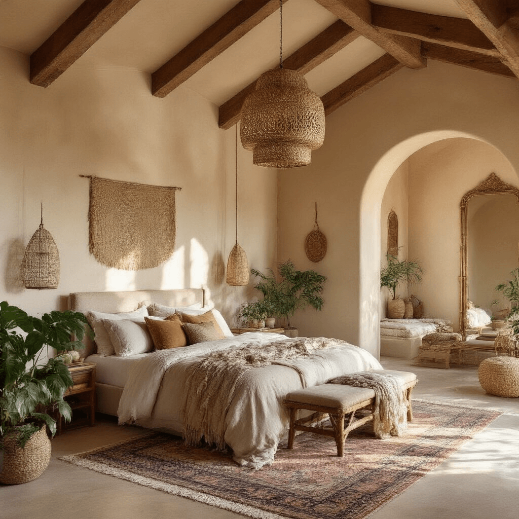 Beige Bedroom Ideas: Your Ultimate Guide to Creating a Serene Sanctuary Intimate boho-style bedroom during golden hour, featuring a California king bed with Belgian linen, layered with Moroccan throws, vaulted ceiling with wooden beams, and warm putty walls adorned with woven hangings, set against a vintage Persian rug.