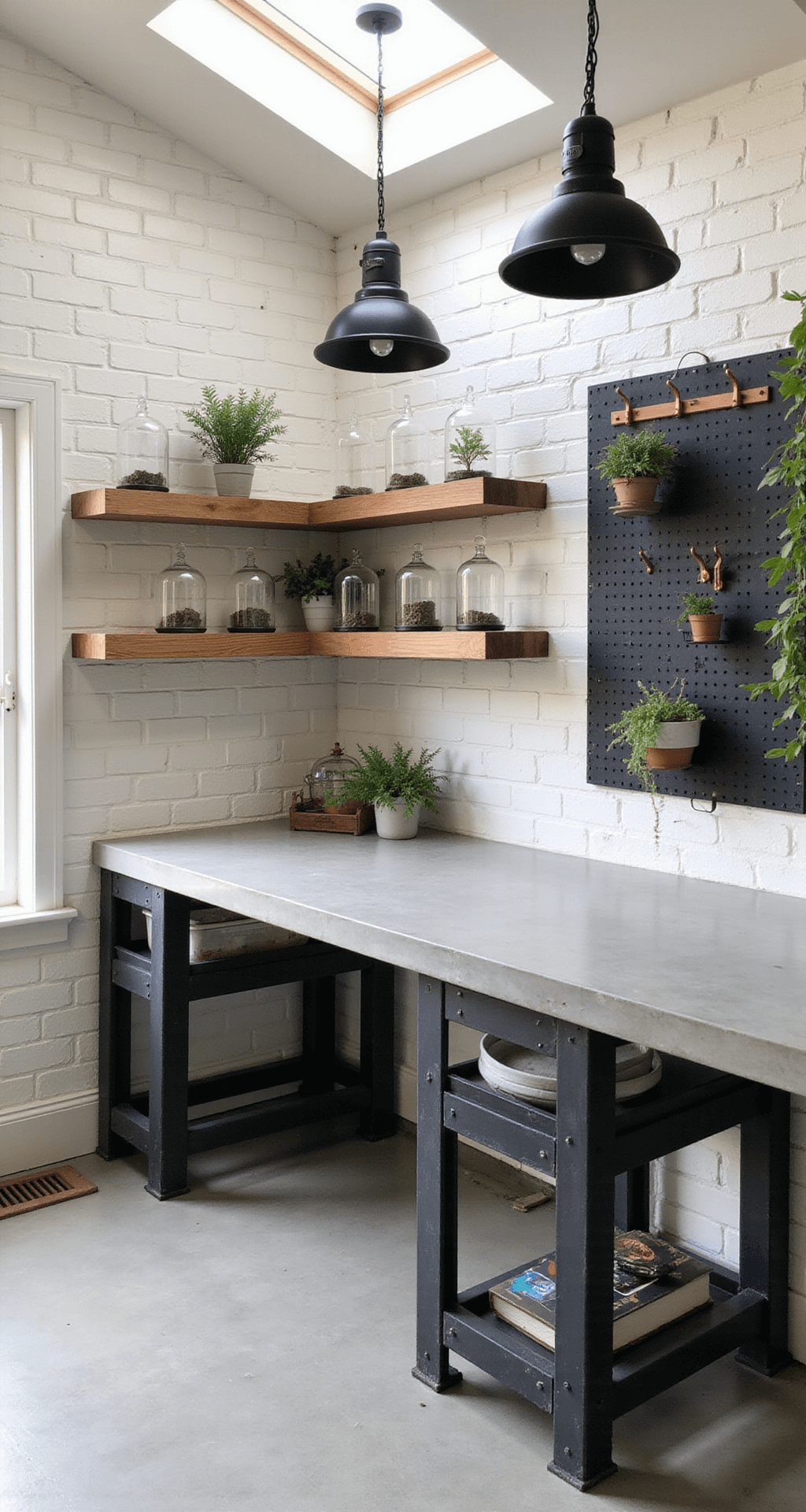 Cottage Garden Sheds: Your Ultimate Backyard Sanctuary Guide A modern cottage shed workspace featuring a 12'x14' layout with industrial-style potting station, concrete countertop, black metal frame, white subway tile backsplash, floating wooden shelves with vintage glass cloches and terrariums, a sleek black pegboard organizational system with copper hooks, and oversized industrial pendant lights, illuminated by midday light from skylights.