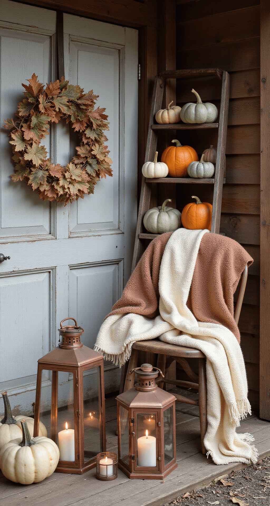 Cottage Garden Sheds: Your Ultimate Backyard Sanctuary Guide A cozy fall vignette featuring a weathered wooden door adorned with an autumn wreath of dried hydrangeas and oak leaves. Heirloom pumpkins in muted orange and sage green tones are artfully displayed on a vintage ladder, while cream and rust wool throw blankets are draped over an antique chair. Warm-toned copper lanterns with flickering LED candles add ambiance, all captured in late afternoon light from a 45-degree angle.