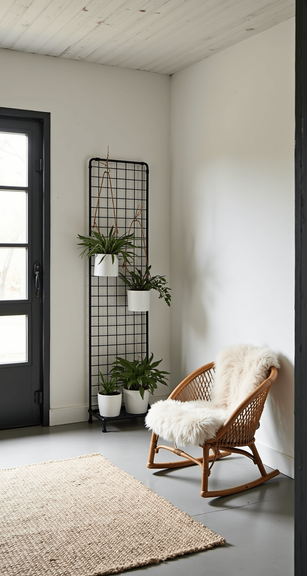 Cottage Garden Sheds: Your Ultimate Backyard Sanctuary Guide Minimalist cottage shed interior featuring white Scandinavian-inspired walls, pale ash wood accents, and a metal grid storage system with hanging plants. A natural jute rug covers the painted concrete floor beneath a rattan peacock chair adorned with a sheepskin throw. The space is illuminated by morning light streaming through a large black-framed industrial window, captured from an elevated angle to showcase the layout.