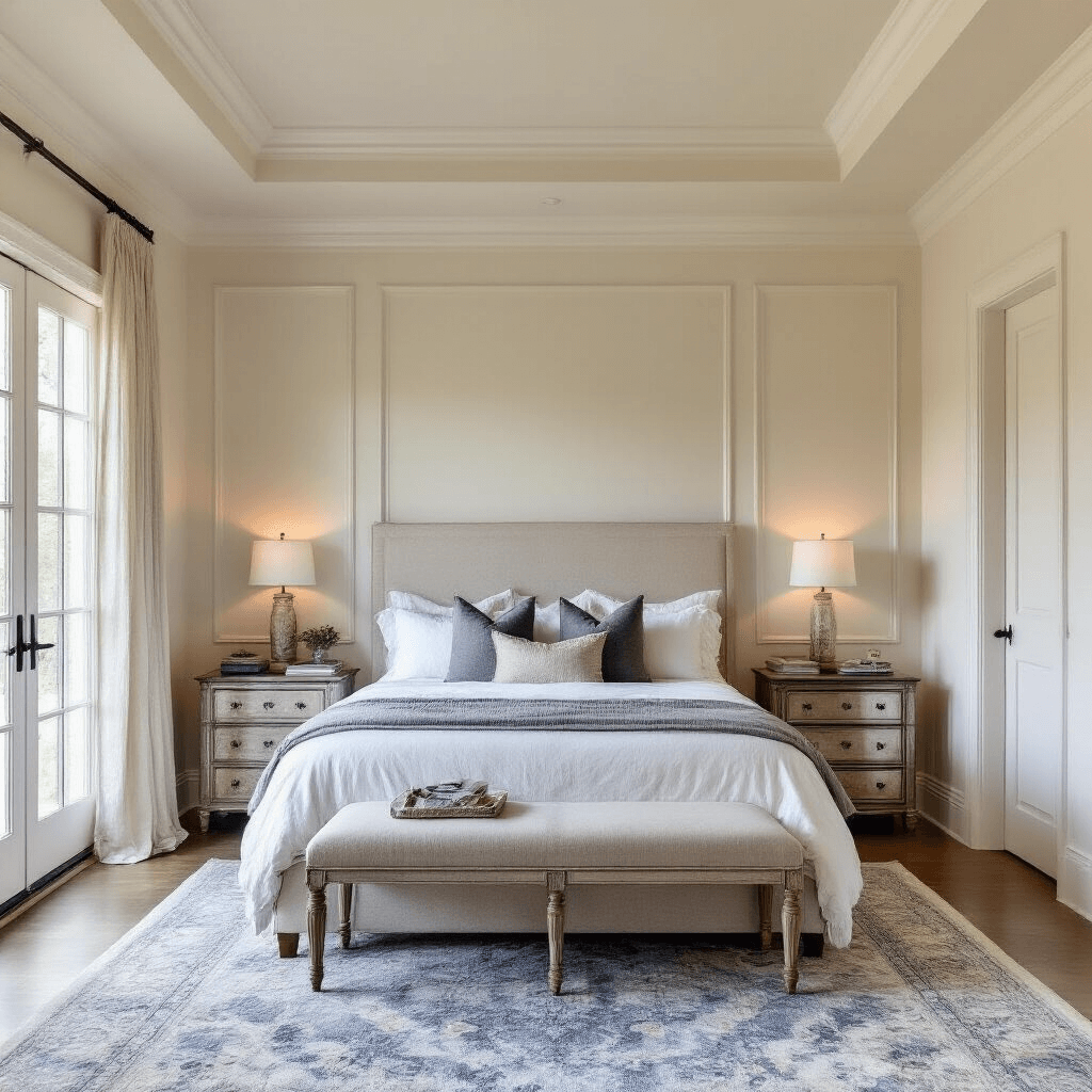 Transforming Your Main Bedroom: A Complete Design Guide Serene main bedroom with cream walls and a tray ceiling, featuring a king-sized upholstered bed, antiqued mirror nightstands, layered bedding, and a vintage Persian rug, captured during golden hour with warm light filtering through sheer linen panels.