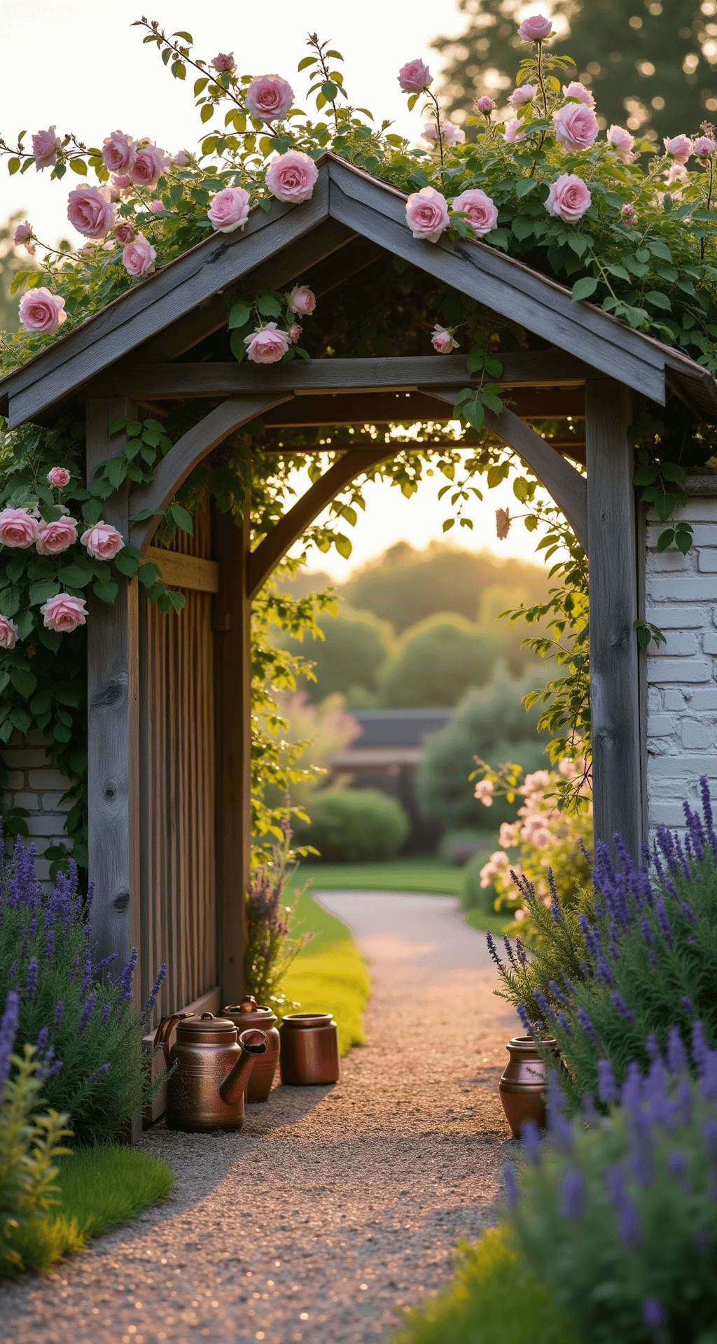 Creating Your Dream Cottage Rose Garden: A Romantic Landscape Guide A sunlit cottage garden entrance at golden hour features a weathered wooden arbor draped with blooming 'New Dawn' roses, soft blush petals contrasting against whitewashed brick walls. A gravel path lined with lavender and pastel foxgloves leads to vintage copper watering can and terracotta pots, while dewdrops glisten on the roses, captured in dreamy bokeh.