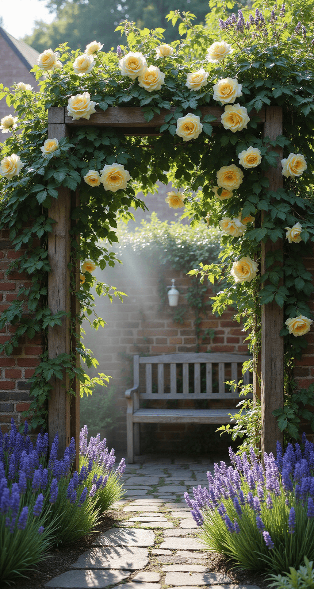 Creating Your Dream Cottage Rose Garden: A Romantic Landscape Guide Close-up of a rustic wooden trellis draped with 'Graham Thomas' yellow roses and white clematis, set against an aged brick wall. Vintage metal garden tools are arranged artfully nearby. A cobblestone path leads to a weathered wooden bench surrounded by lush lavender and salvia, all enveloped in soft morning mist. Natural lighting accentuates the dew on the flowers in an intimate garden nook.