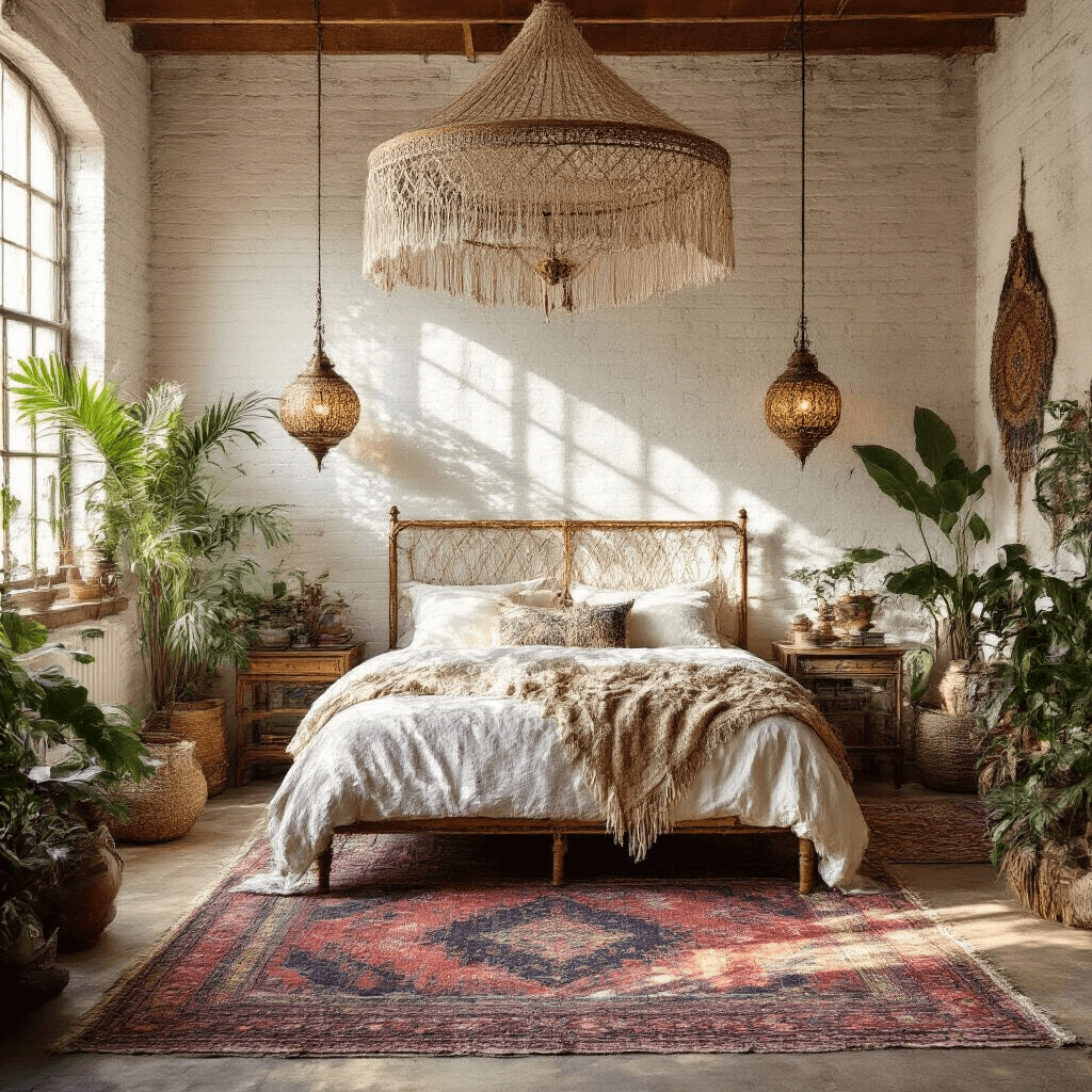 Transforming Your Main Bedroom: A Complete Design Guide A cozy bohemian sanctuary featuring a vintage brass bed with a macramé canopy against a white-painted exposed brick wall. The floor is adorned with layered Turkish rugs in jewel tones, surrounded by abundant plants soaking in sunlight. A collection of mixed metals and carved wood pieces adds to the eclectic atmosphere, illuminated by Moroccan pendant lights casting intricate shadows. The scene is captured in warm golden afternoon light.