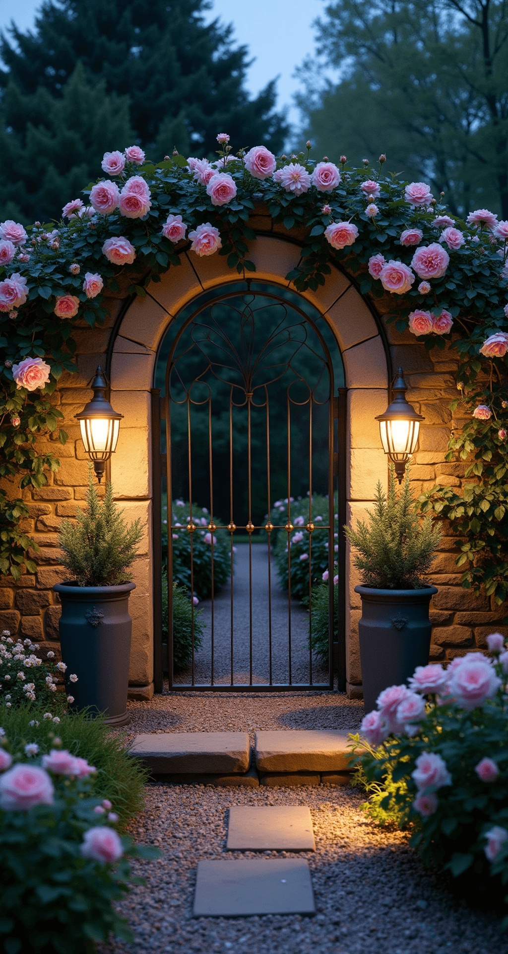 Creating Your Dream Cottage Rose Garden: A Romantic Landscape Guide Twilight garden room with ancient stone walls covered in climbing 'Queen of Sweden' roses, a vintage iron gate framed by potted standard roses, gravel path lit by copper lights, and ground cover roses spilling onto flagstone steps, all captured in a moody blue hour ambiance.