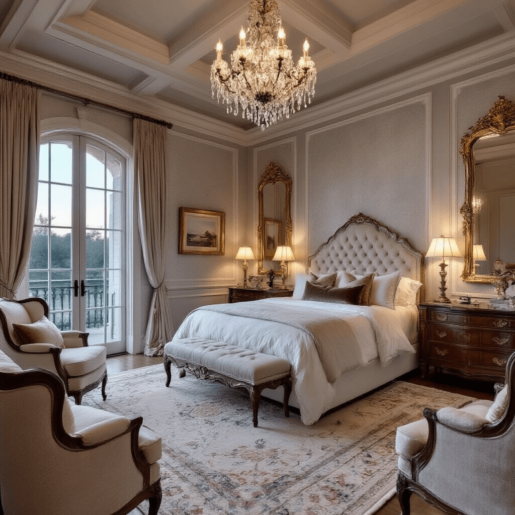 Transforming Your Main Bedroom: A Complete Design Guide A luxurious traditional bedroom at twilight featuring a coffered ceiling with a crystal chandelier, silk pearl gray wallpaper, a king bed with tufted headboard and hotel-white linens, antique French mirrors, a hand-knotted Aubusson rug, and a cozy sitting area with champagne silk wingback chairs, all captured at eye level from the double door entry.