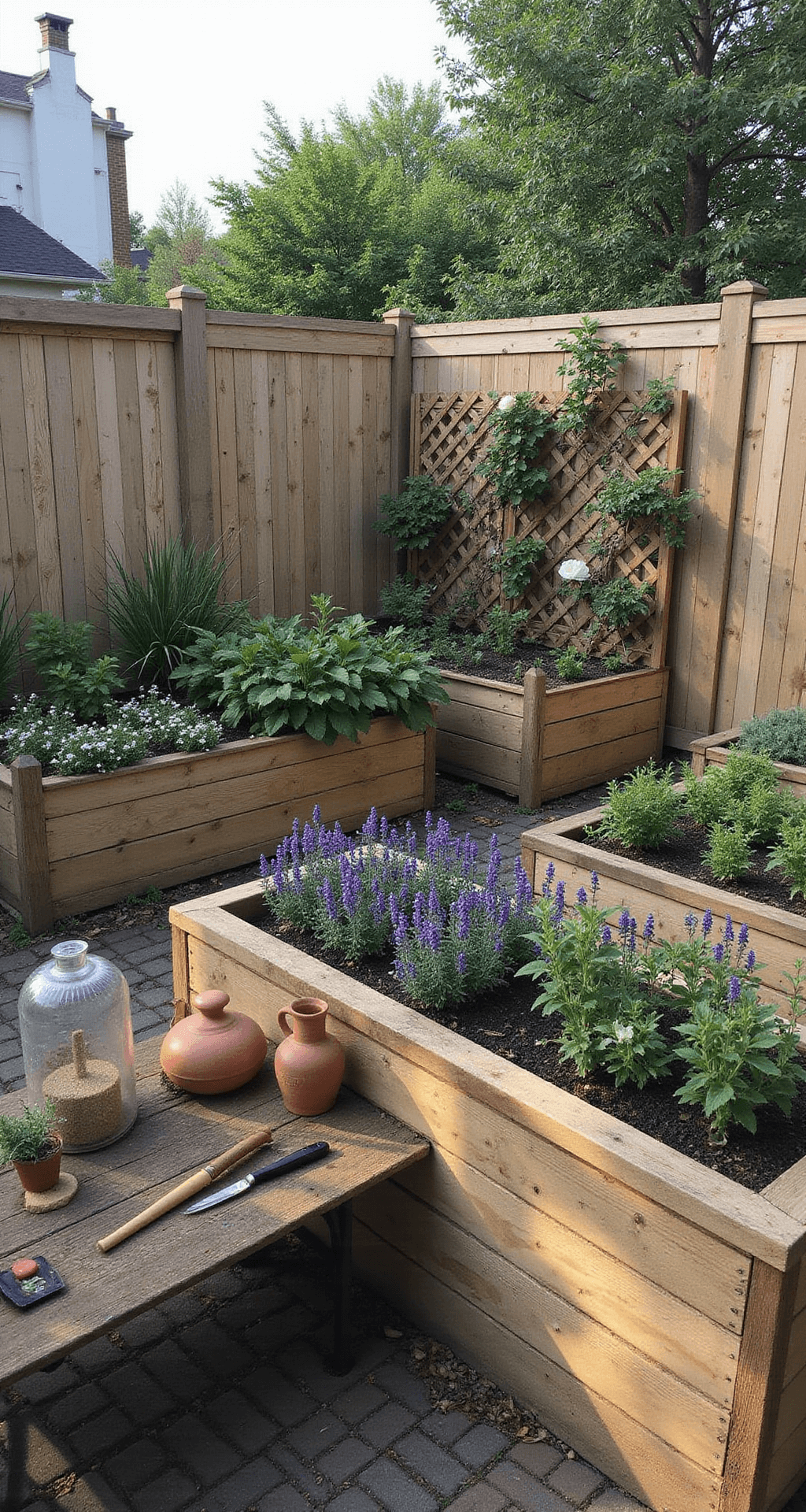 Creating Your Dream Cottage Rose Garden: A Romantic Landscape Guide A morning kitchen garden scene featuring raised wooden beds adorned with climbing 'New Dawn' roses, surrounded by purple sage, thyme, and white alyssum. A rustic potting bench displays vintage clay pots and garden tools, with chicken wire cloches protecting young plants. The warm morning light highlights the textured wood grain, shot from a corner angle to showcase the geometric bed layout.