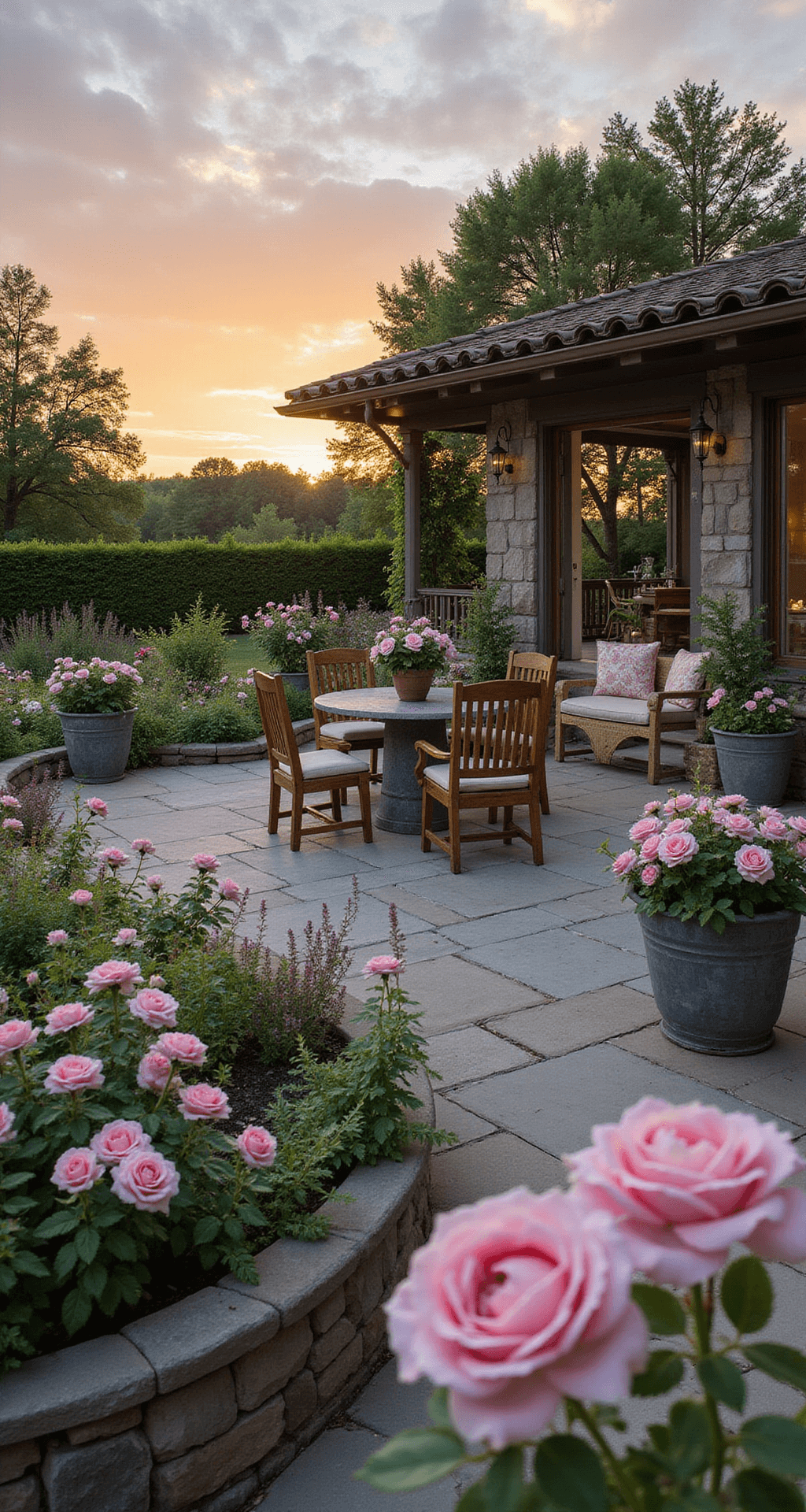 Creating Your Dream Cottage Rose Garden: A Romantic Landscape Guide A wide-angle view of a sunset-lit terrace with a 30x20ft limestone patio, bordered by 'David Austin' roses in soft pastels, vintage zinc containers filled with trailing roses and clematis, weathered teak furniture around an antique stone fountain, and illuminated by copper lanterns, all captured in dramatic silhouettes during golden hour.