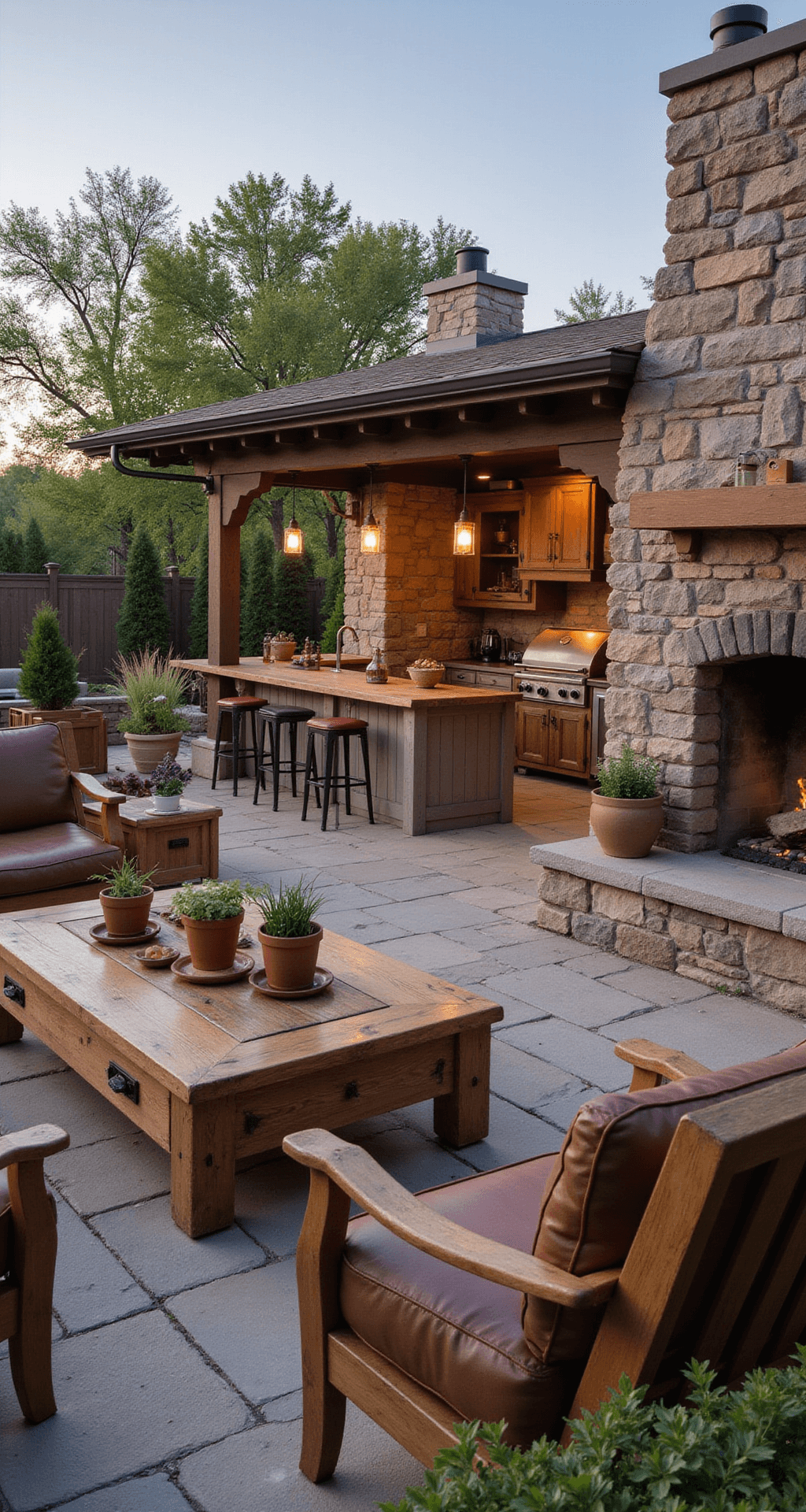 Outdoor Kitchen with Fireplace: Your Ultimate Backyard Transformation Guide Wide-angle view of a rustic outdoor kitchen on a stone-paved patio at golden hour, featuring a large weathered stone fireplace, an L-shaped kitchen with reclaimed barn wood countertops and copper sink, vintage pendant lights, distressed leather armchairs around a chunky table, and herb-filled terra cotta pots along cedar planters, all bathed in warm evening light.