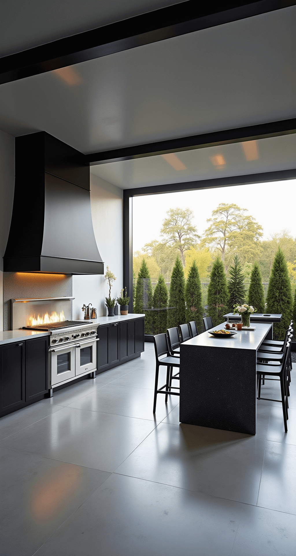 Outdoor Kitchen with Fireplace: Your Ultimate Backyard Transformation Guide A modern outdoor kitchen patio featuring a sleek design with a linear gas fireplace, polished concrete flooring, stainless steel appliances, and geometric furniture, all in a cool gray and black color palette.