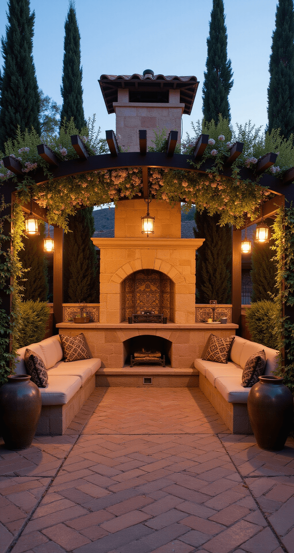 Outdoor Kitchen with Fireplace: Your Ultimate Backyard Transformation Guide Golden-hour image of a spacious Mediterranean-inspired courtyard featuring a central arched stone fireplace with integrated pizza oven, terracotta tile flooring, curved built-in seating, and a wrought iron pergola draped with flowering vines. Warm light from copper lanterns highlights the ornate mosaic tile backsplash and antique olive jars, framed by lush cypress trees. The color palette includes warm terracotta, deep greens, and rich browns.