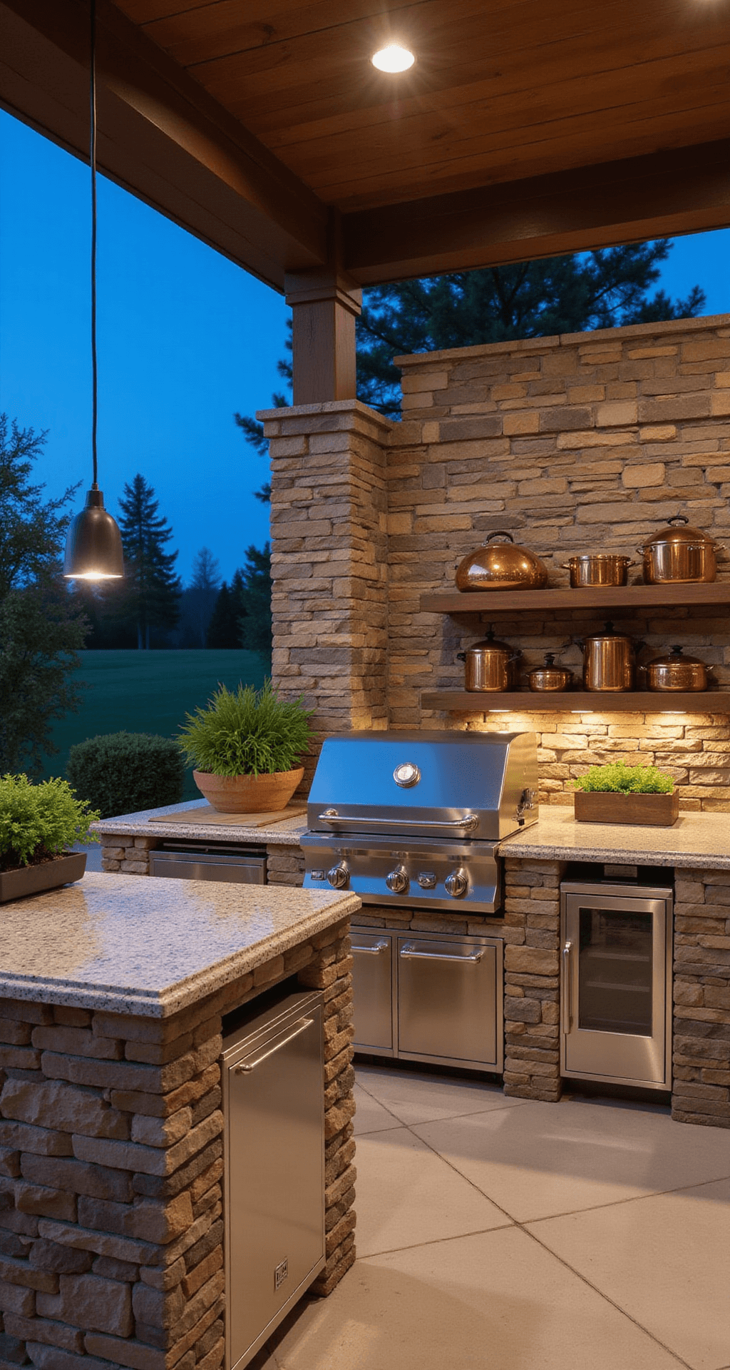 Outdoor Kitchen with Fireplace: Your Ultimate Backyard Transformation Guide Close-up image of a gourmet outdoor grilling station during blue hour, featuring a 48-inch built-in grill, side burners, and warming drawers against granite countertops. The space showcases stone veneer with accent lighting, floating wooden shelves displaying copper cookware, and an herb garden nearby. Pendant lights illuminate the workspace, with a color palette of charcoal, copper, cream, and verde green accents, shot from the cooking position to emphasize functionality.