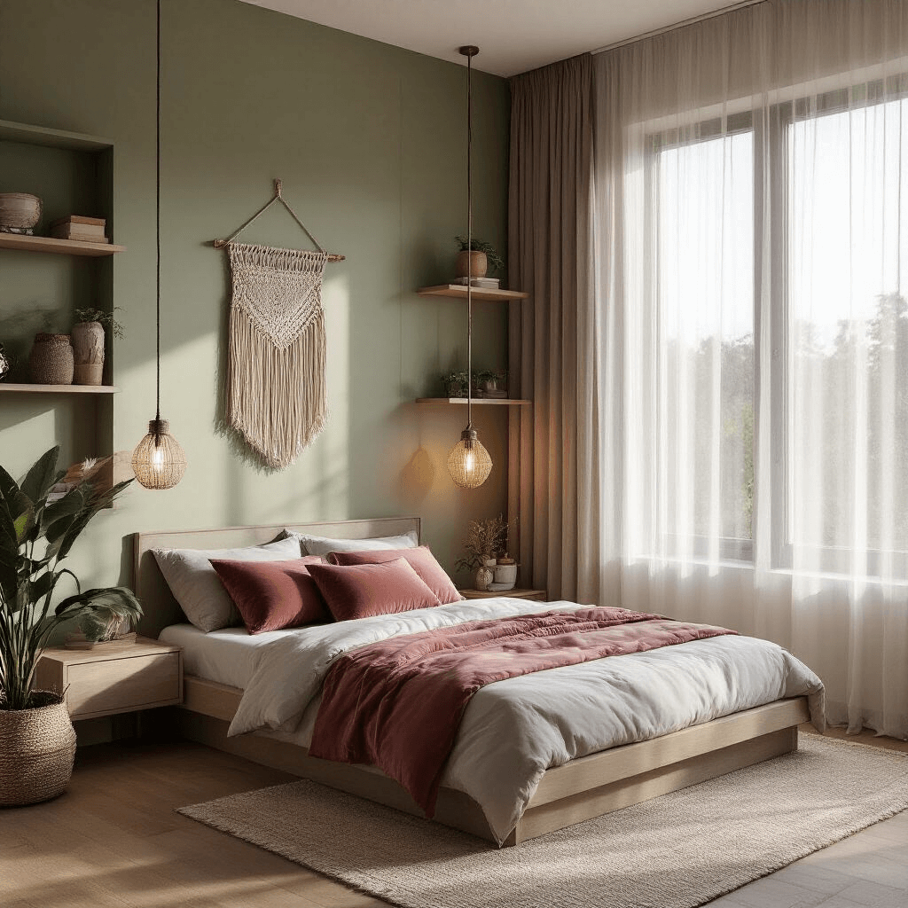 Small Bedroom Ideas: Transforming Tiny Spaces with DIY Magic Cozy compact bedroom featuring floor-length sheer curtains, geometric wall-mounted shelving on a sage green accent wall, a slim platform bed with hidden storage, asymmetrical pendant lights, and warm golden hour lighting highlighting macramé wall hanging and dusty rose velvet pillows.