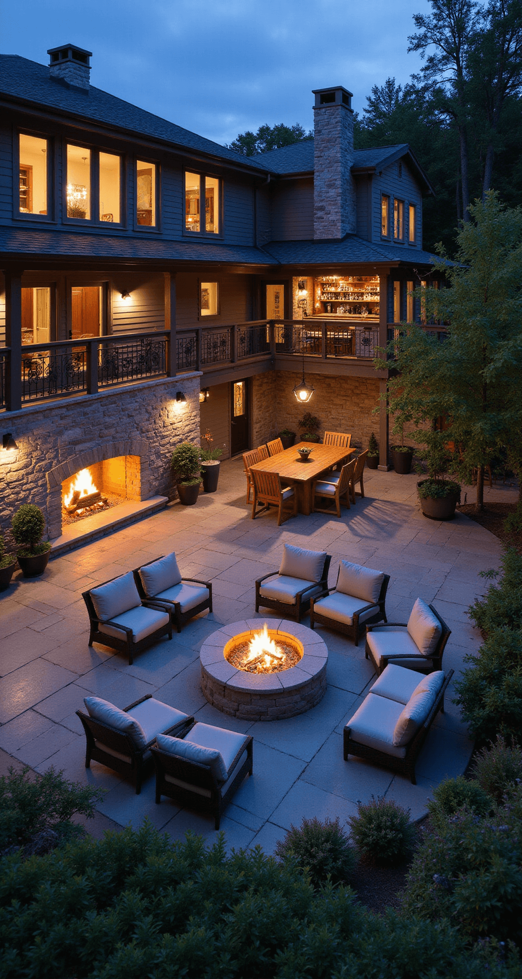 Outdoor Kitchen with Fireplace: Your Ultimate Backyard Transformation Guide Twilight view of a 30x30ft multi-level patio featuring a central stone fireplace, illuminated bar area with LED-lit shelving, overhead string lights, deep-cushioned seating zones, and a teak dining table for eight, all in a navy and warm white color palette with copper accents.