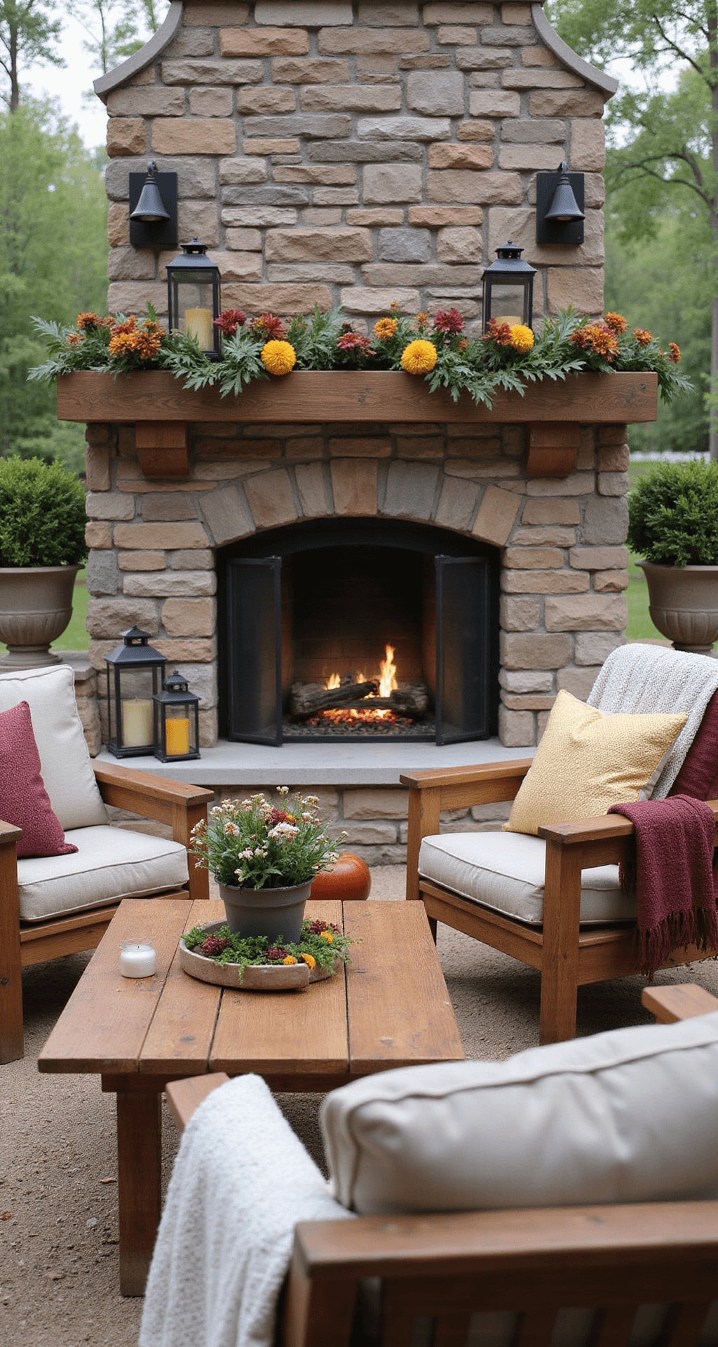 Outdoor Kitchen with Fireplace: Your Ultimate Backyard Transformation Guide Transitional outdoor kitchen with a stone fireplace adorned with autumn garland and lanterns, featuring mixed material countertops, teak furniture with textured pillows and blankets, integrated planters with seasonal flowers, and vintage-style sconces, all in a cozy burgundy, golden yellow, sage green, and warm gray color palette.