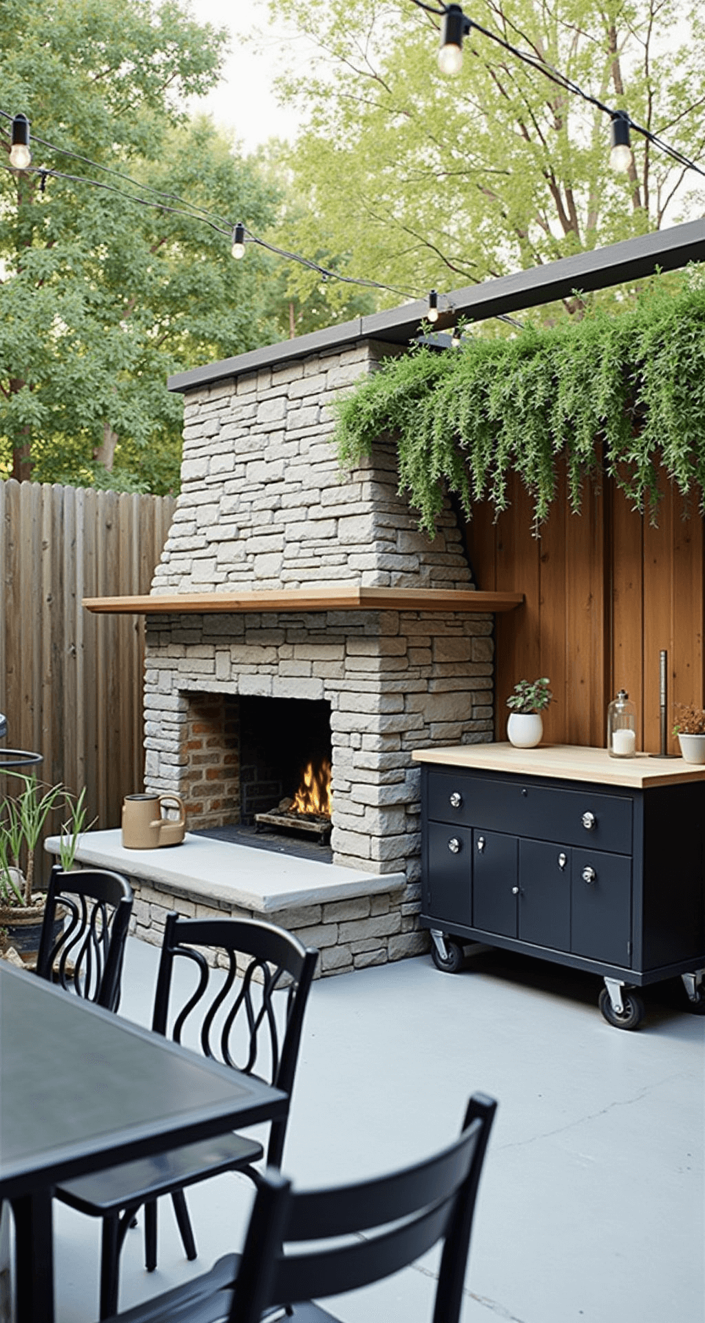 Outdoor Kitchen with Fireplace: Your Ultimate Backyard Transformation Guide Late afternoon view of a budget-friendly DIY outdoor kitchen, featuring a prefab fireplace with stone veneer, a repurposed industrial cart as a prep station, thrifted matte black chairs, a string light canopy, a container herb garden, and simple concrete countertops, all in an industrial gray, matte black, and natural green color palette.