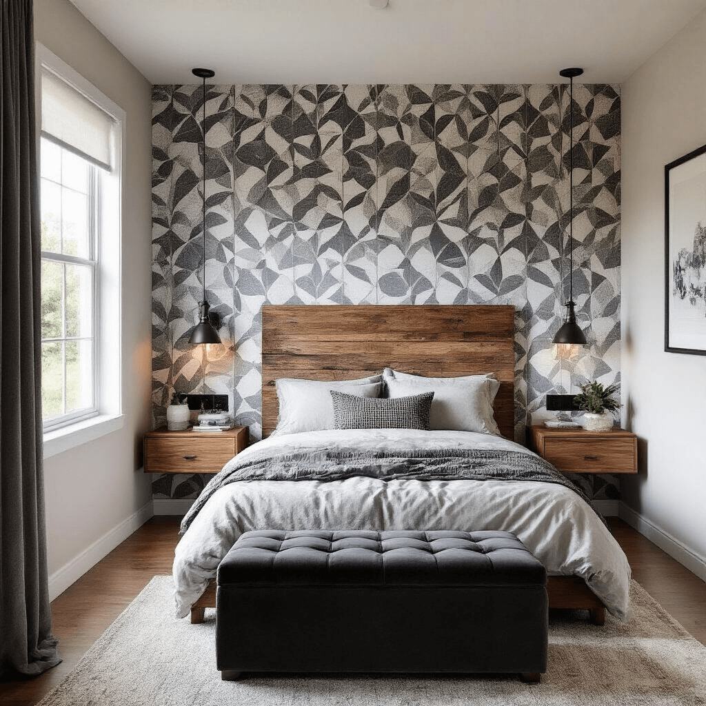 Small Bedroom Ideas: Transforming Tiny Spaces with DIY Magic Contemporary small bedroom with abstract geometric wallpaper, walnut floating bedside tables, a reclaimed barn wood headboard, and a charcoal velvet storage ottoman, captured from an elevated angle to showcase the space-saving layout and natural light.
