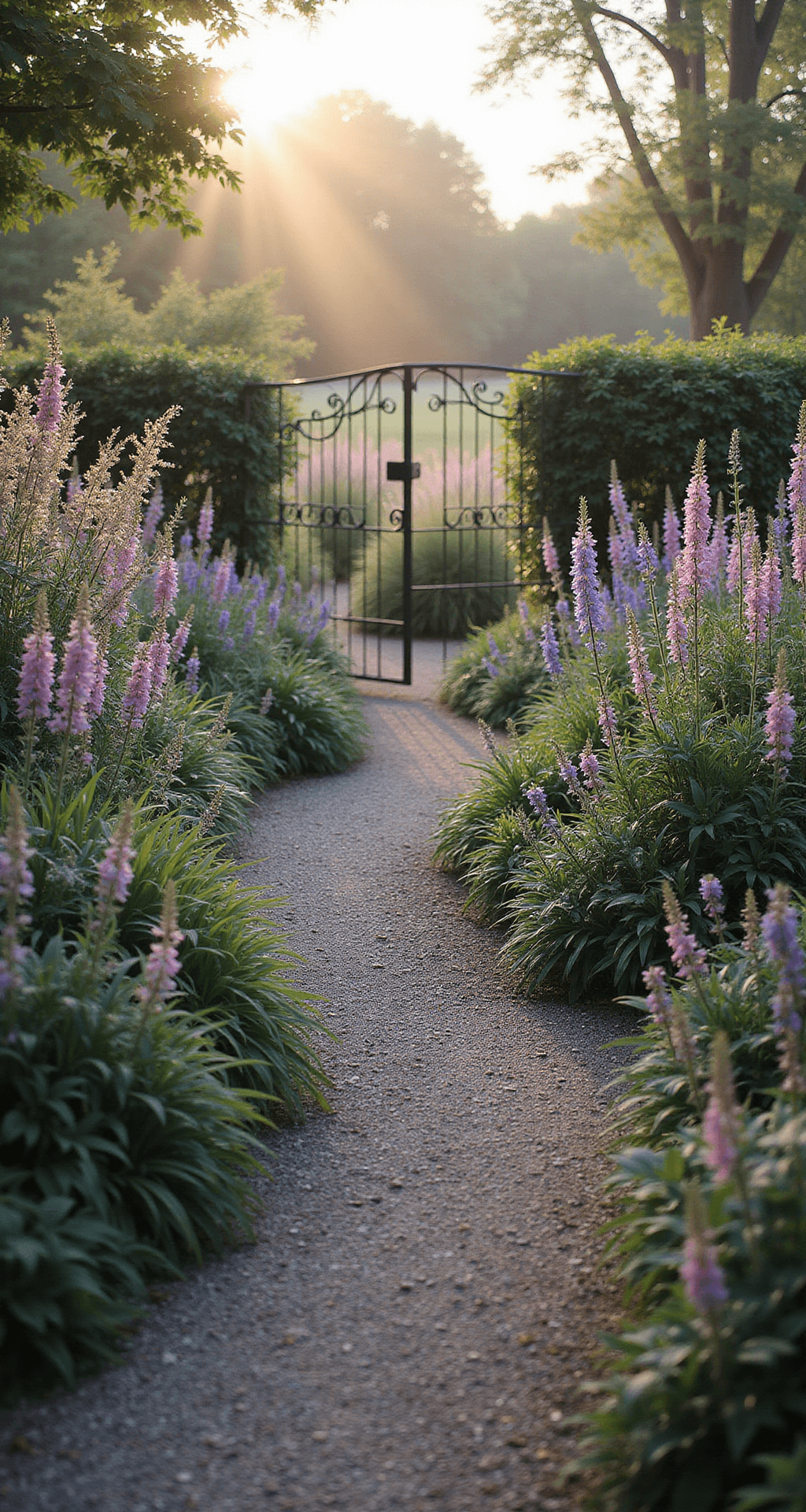 Cottage Front Garden: Your Ultimate Guide to Creating a Romantic, Lush Entryway A serene cottage garden pathway at dawn, featuring ornamental grasses illuminated by the first light. The curved gravel path is lined with tall penstemon, delphiniums, and hollyhocks, complemented by an antique wrought iron gate in the middle ground. The scene showcases a soft pink and purple color palette with silver foliage, surrounded by ethereal morning mist.