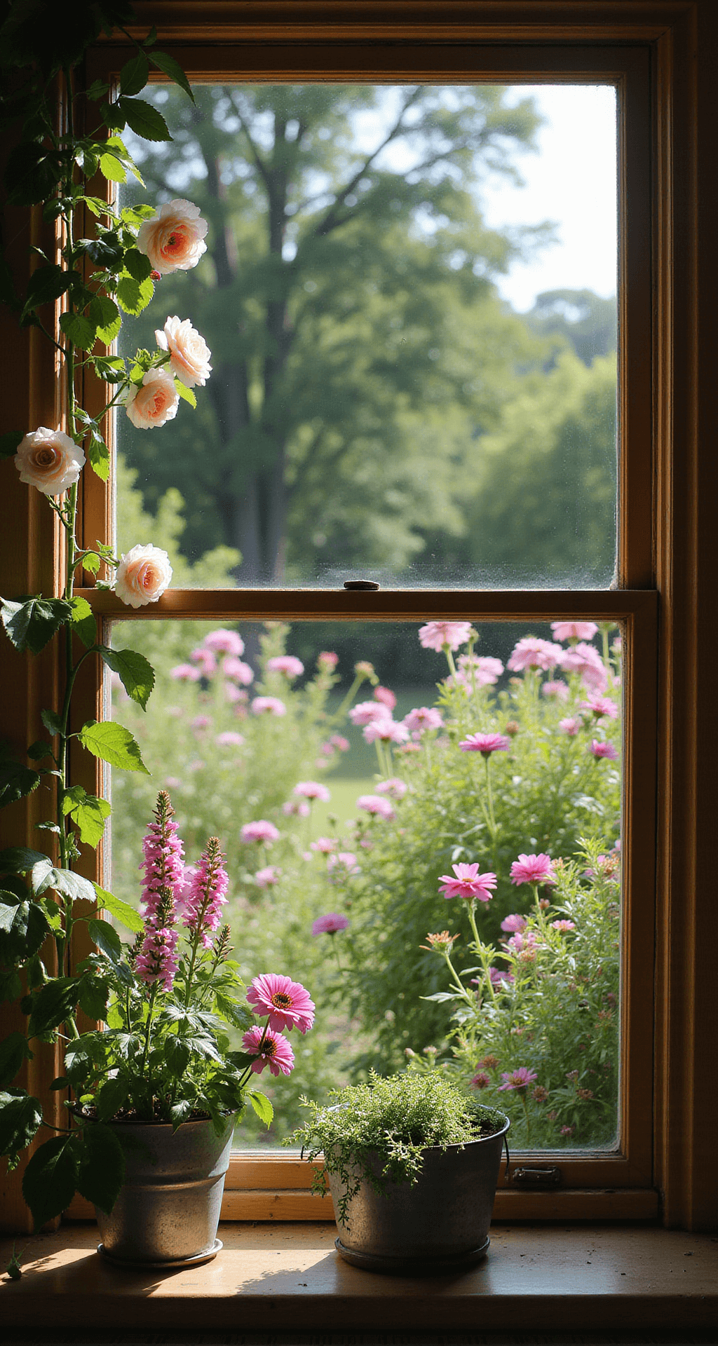 Cottage Front Garden: Your Ultimate Guide to Creating a Romantic, Lush Entryway Interior view through a cottage garden window, framed by climbing roses, showcasing a lush garden with pastel-colored flowers like foxgloves and cosmos swaying in the breeze, and vintage zinc containers with herbs on the sill, all illuminated by warm afternoon light.