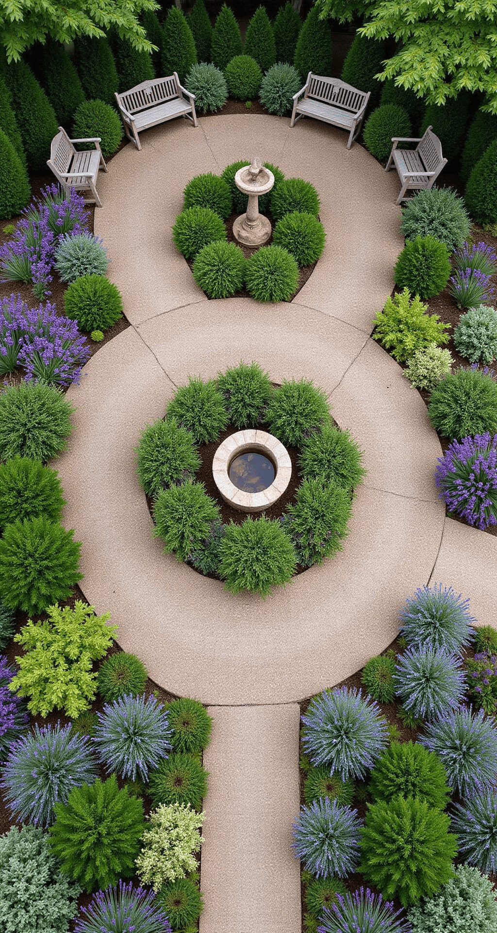 Cottage Front Garden: Your Ultimate Guide to Creating a Romantic, Lush Entryway Overhead drone shot capturing a complete cottage garden layout featuring curved pathways, rustic benches, a stone bird bath, and vibrant plant masses of lavender, roses, and perennials arranged in soft color progression, all framed by natural stone walls under even midday lighting.