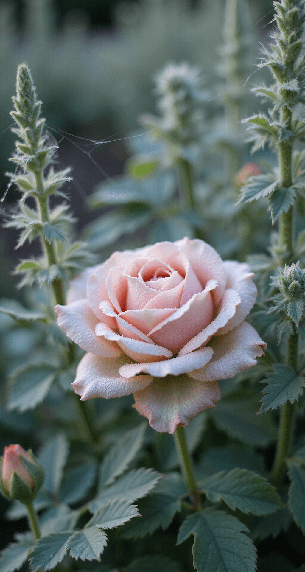 Cottage Front Garden: Your Ultimate Guide to Creating a Romantic, Lush Entryway Close-up of a dew-covered pink rose bloom surrounded by silver artemisia in a cottage garden at dawn, featuring delicate petals, soft blush and sage green tones, and spider webs illuminated by morning light, captured with a shallow depth of field.