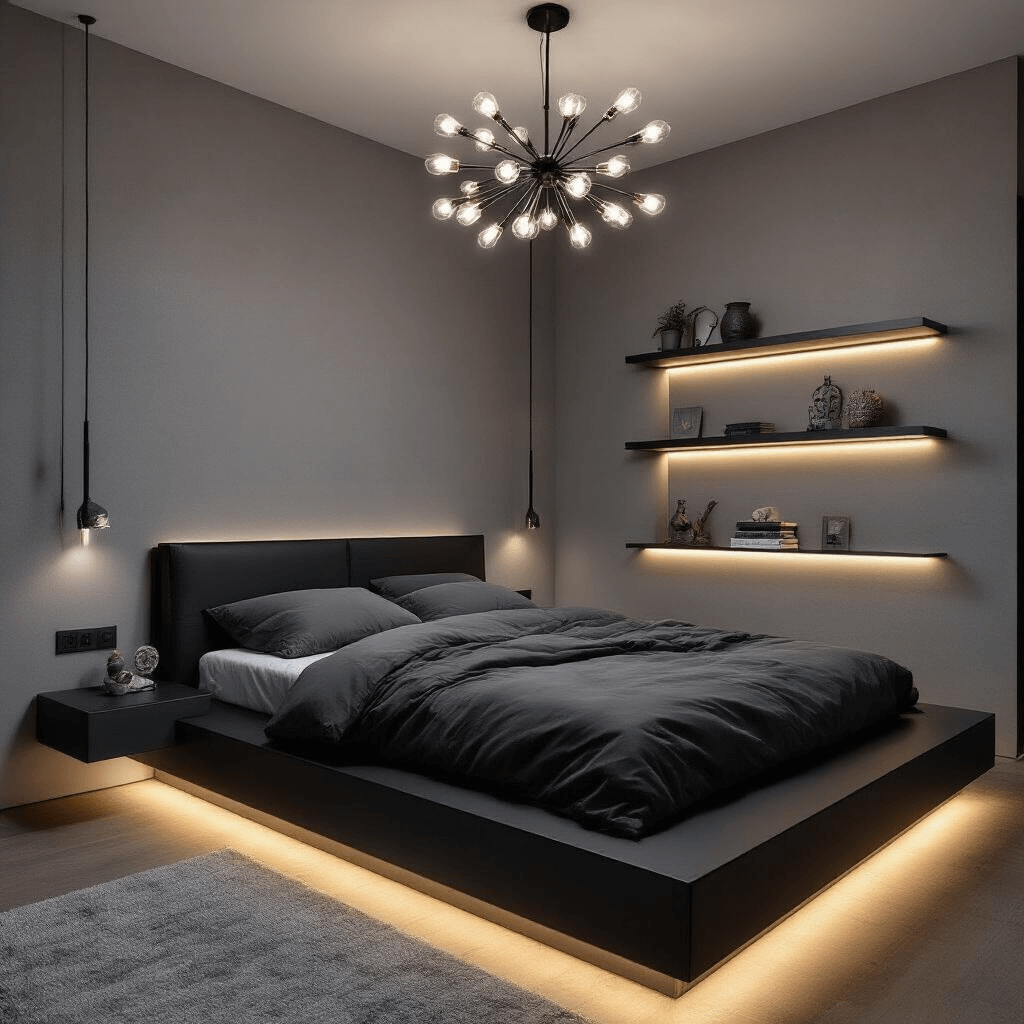 Primary Bedroom Ideas: Transform Your Personal Sanctuary in 2024 A minimalist 13x15ft bedroom at twilight featuring a floating matte black platform bed under a modern sputnik chandelier, with integrated LED ambient lighting along floating shelves. The space showcases a monochromatic grey palette with varied textures in bedding and wall treatments, captured with a 28mm lens emphasizing horizontal lines and dramatic evening lighting.
