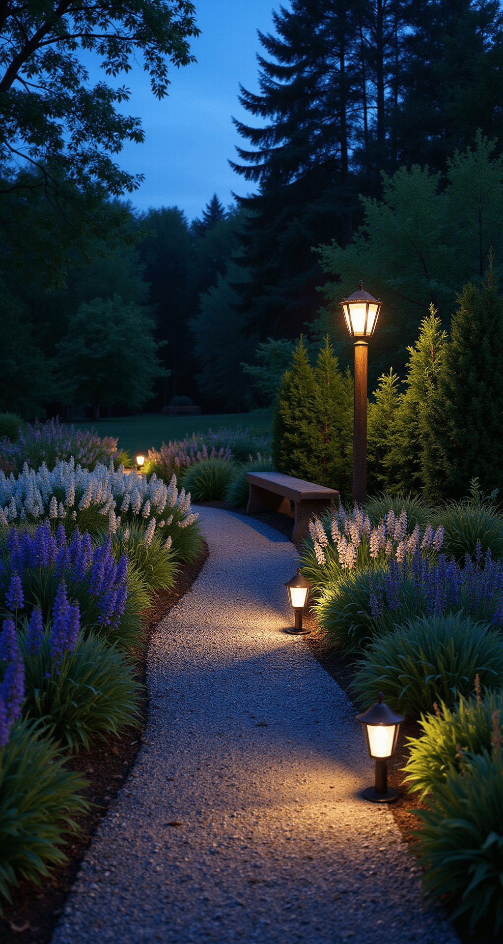 Cottage Front Garden: Your Ultimate Guide to Creating a Romantic, Lush Entryway A twilight garden scene featuring an illuminated gravel path lined with copper path lights, casting a warm glow on overhanging plants. Silhouetted mixed borders create depth, while purple salvias and white moonflowers add evening interest. A vintage lantern on a rustic post enhances the romantic ambiance against a cool blue twilight sky visible through the trees.