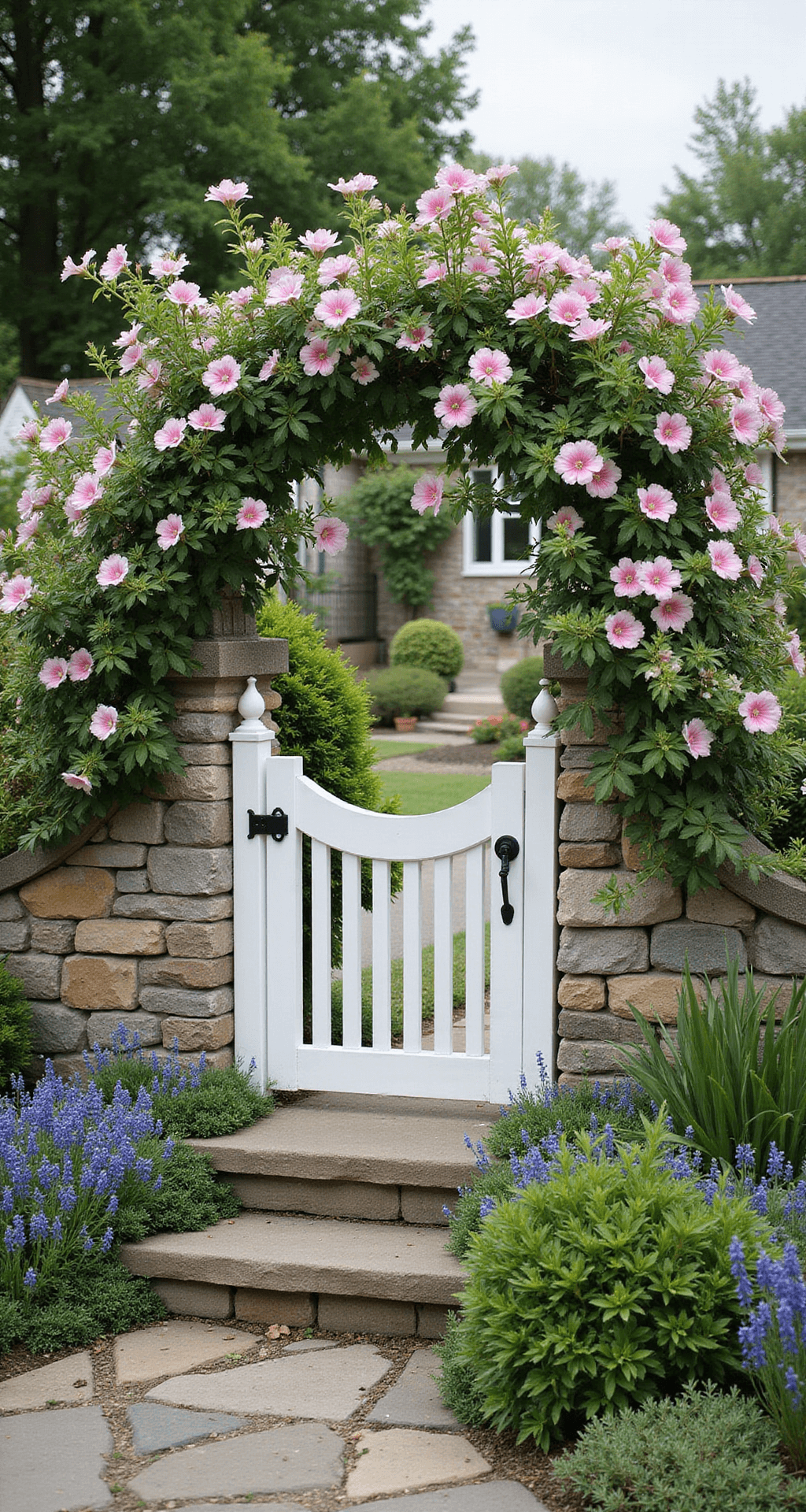 Cottage Front Garden: Your Ultimate Guide to Creating a Romantic, Lush Entryway Side angle view of a cottage garden entrance in spring, featuring a white picket gate surrounded by billowing phlox, campanula, and climbing roses. Natural stone steps with creeping thyme and cottage architectural details are visible in soft overcast lighting.