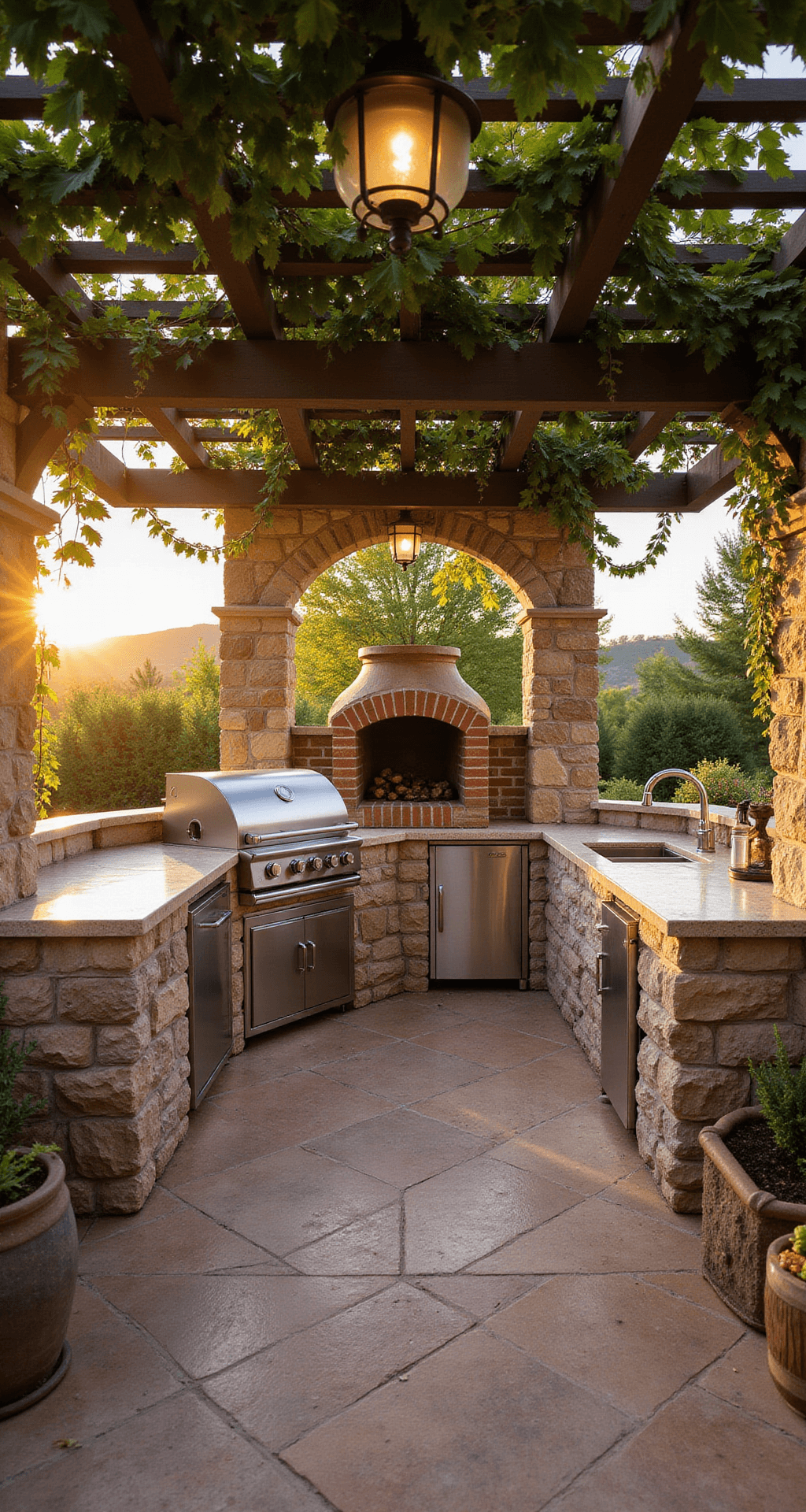 Dream Outdoor Kitchen Ideas: Transform Your Backyard into a Culinary Paradise A luxurious Mediterranean-style outdoor kitchen featuring a 48-inch stainless steel grill and a rustic wood-fired pizza oven, surrounded by stone archways and terracotta tiles, with weathered limestone countertops and a copper farmhouse sink, all illuminated by warm golden hour light filtering through flowering vines on a wooden pergola.