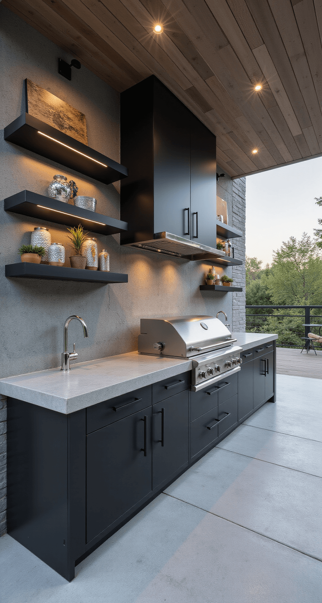 Dream Outdoor Kitchen Ideas: Transform Your Backyard into a Culinary Paradise Modern minimalist outdoor kitchen with polished concrete countertops, matte black cabinetry, and a sleek built-in grill, featuring chrome fixtures and a geometric tile backsplash, captured in a high-angle architectural shot.