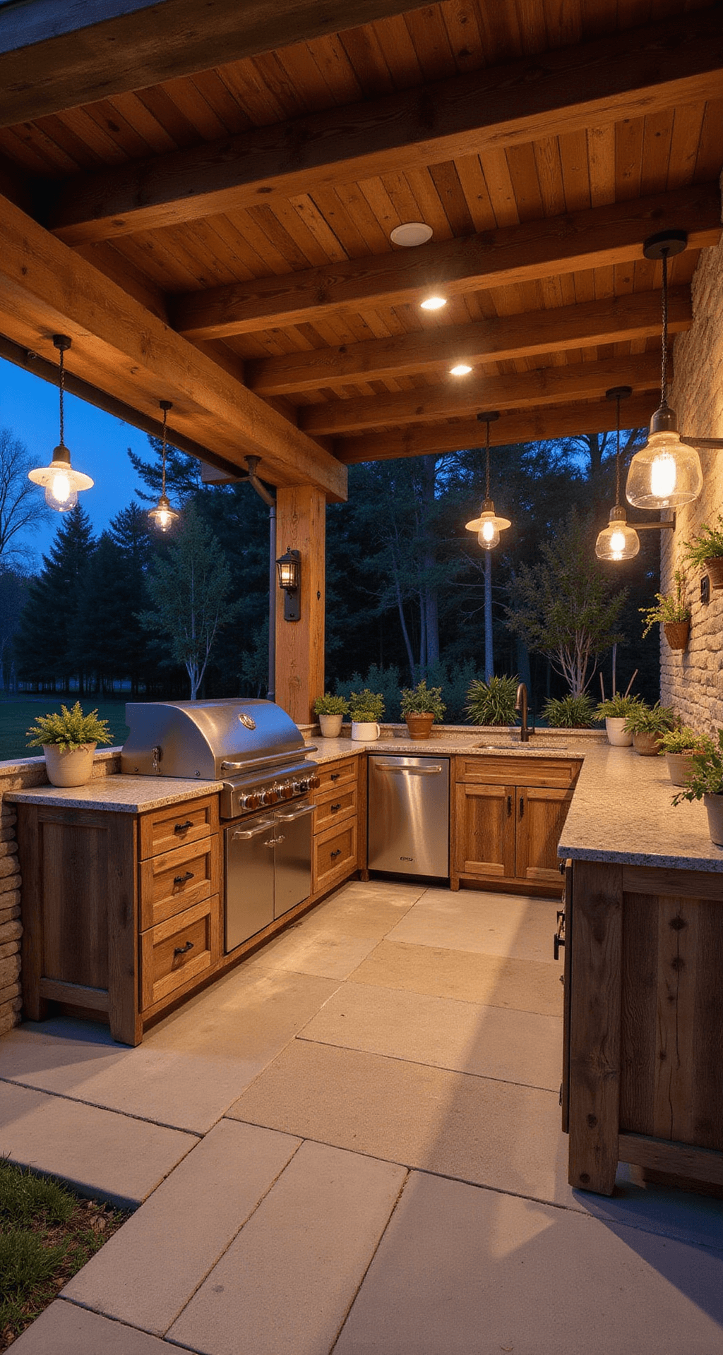 Dream Outdoor Kitchen Ideas: Transform Your Backyard into a Culinary Paradise Rustic outdoor kitchen under a cedar-beam pavilion, featuring reclaimed barn wood cabinets, natural stone countertops with live edge, and vintage pendant lights, captured during blue hour to emphasize warm earthy tones and textured wood.